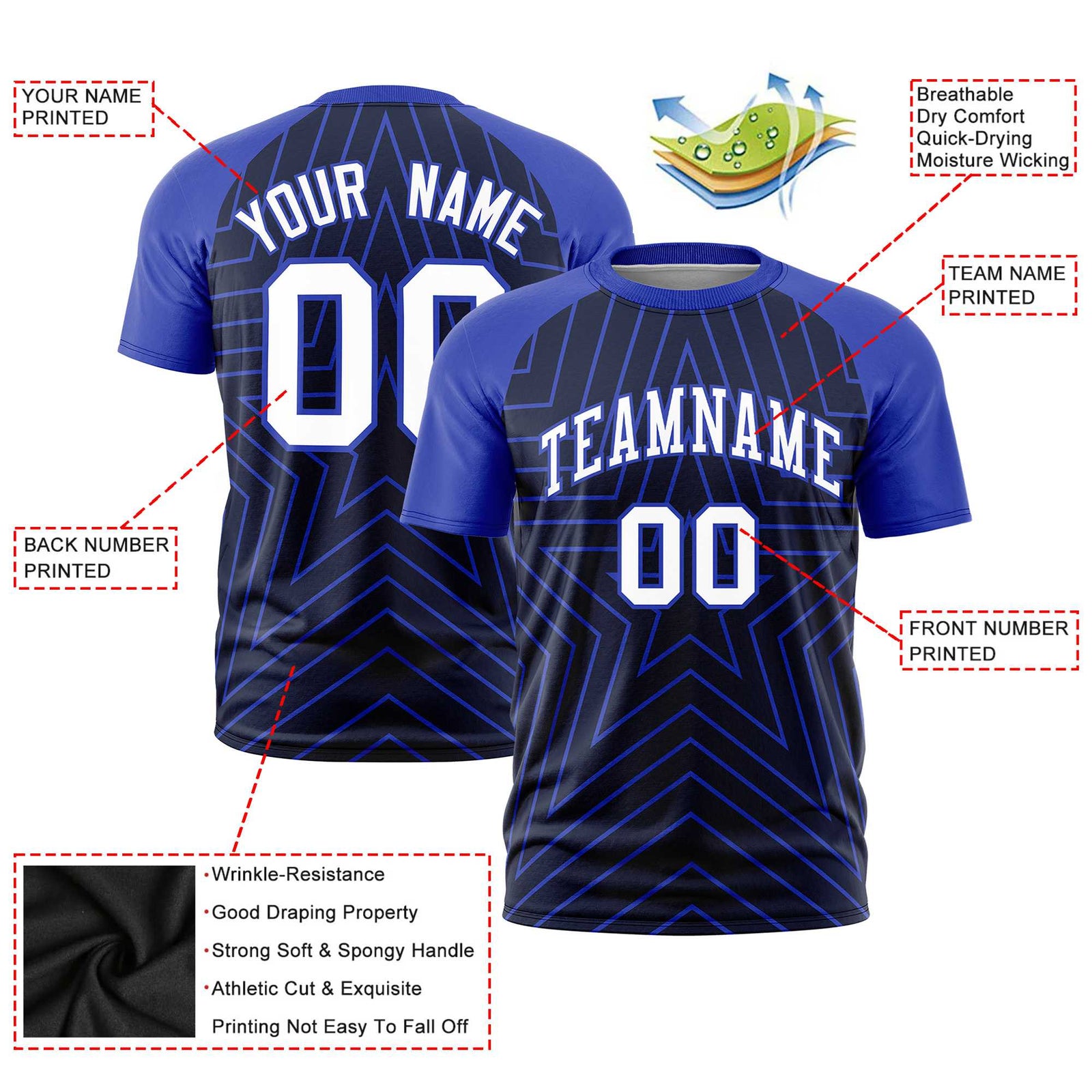 Custom Navy Royal Blue Personalized Star Pattern Raglan Sleeves Performance T-Shirt