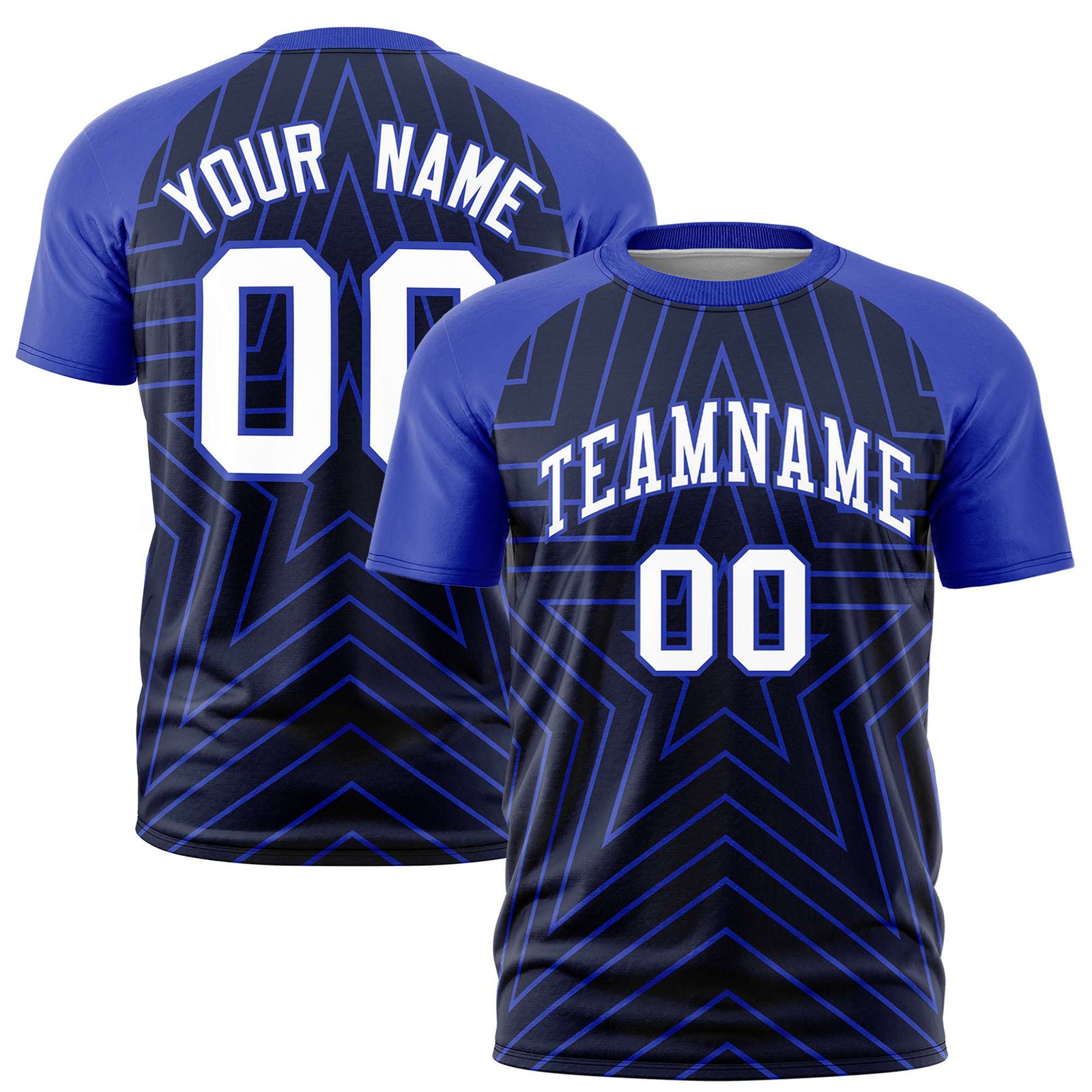 Custom Navy Royal Blue Personalized Star Pattern Raglan Sleeves Performance T-Shirt