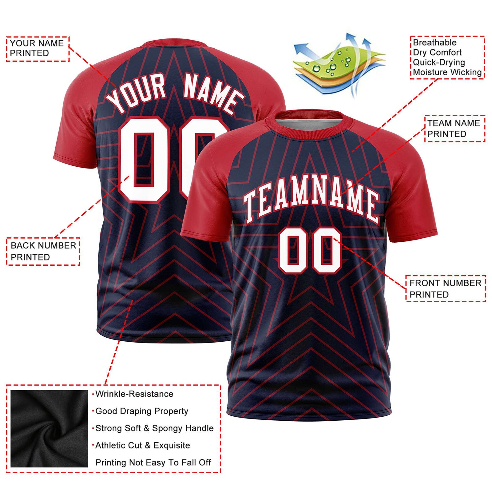 Custom Navy Red Personalized Star Pattern Raglan Sleeves Performance T-Shirt