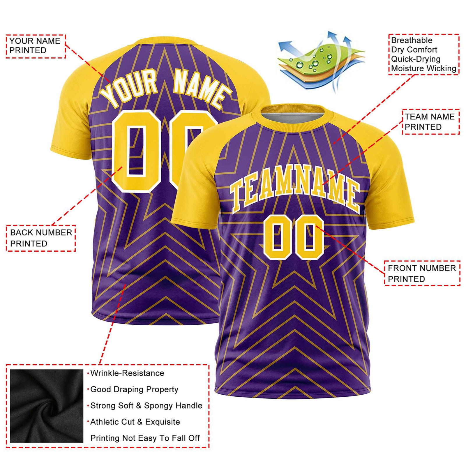 Custom Purple Gold Personalized Star Pattern Raglan Sleeves Performance T-Shirt