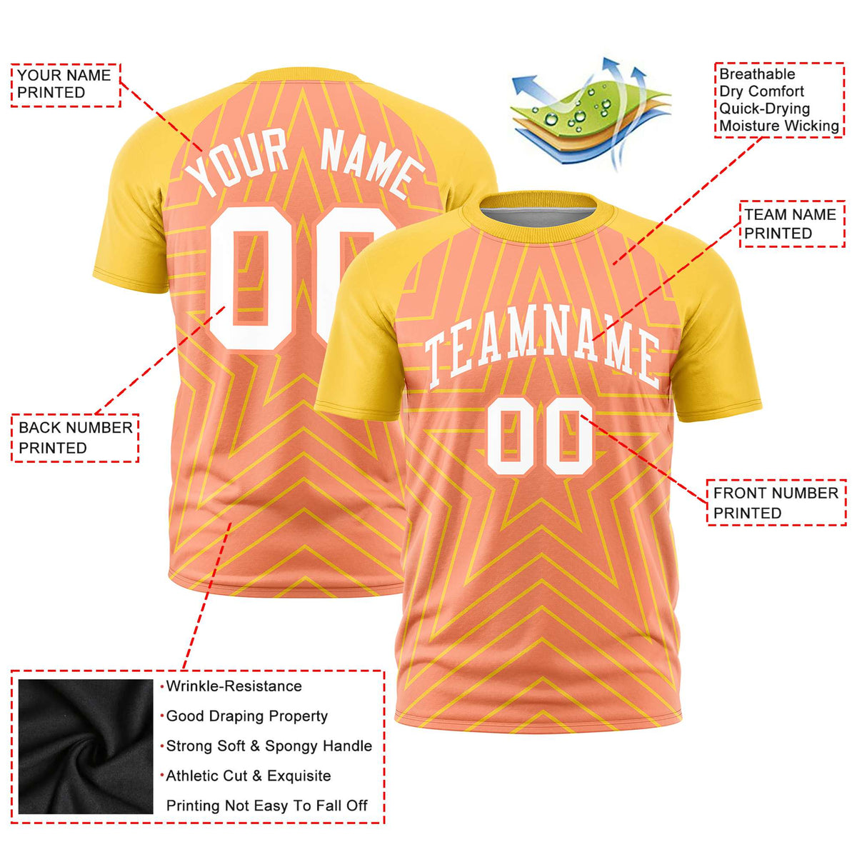 Custom Light Orange Gold Personalized Star Pattern Raglan Sleeves Performance T-Shirt