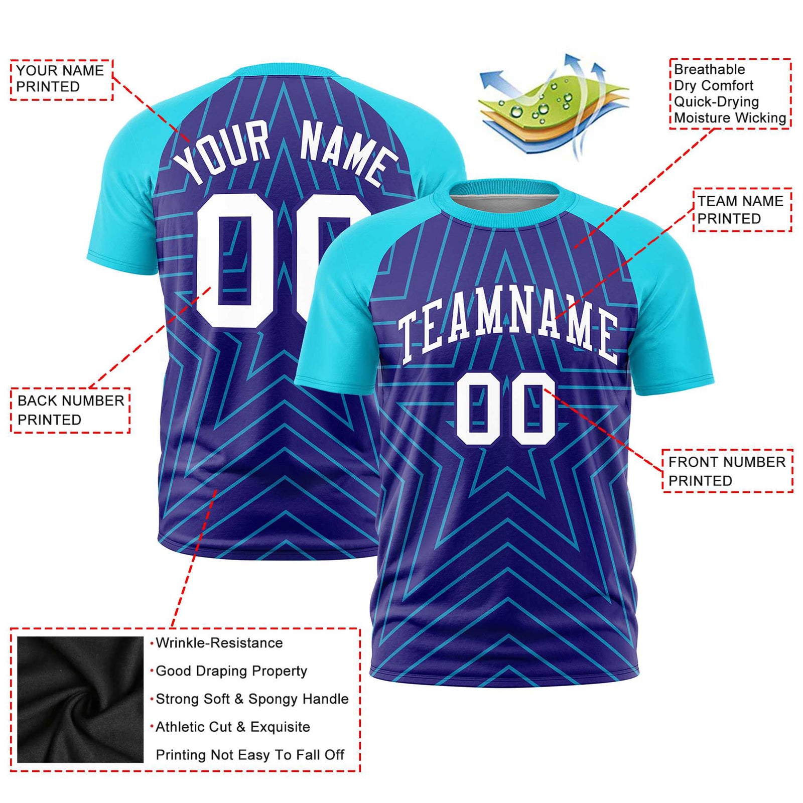 Custom Purple Sky Blue Personalized Star Pattern Raglan Sleeves Performance T-Shirt