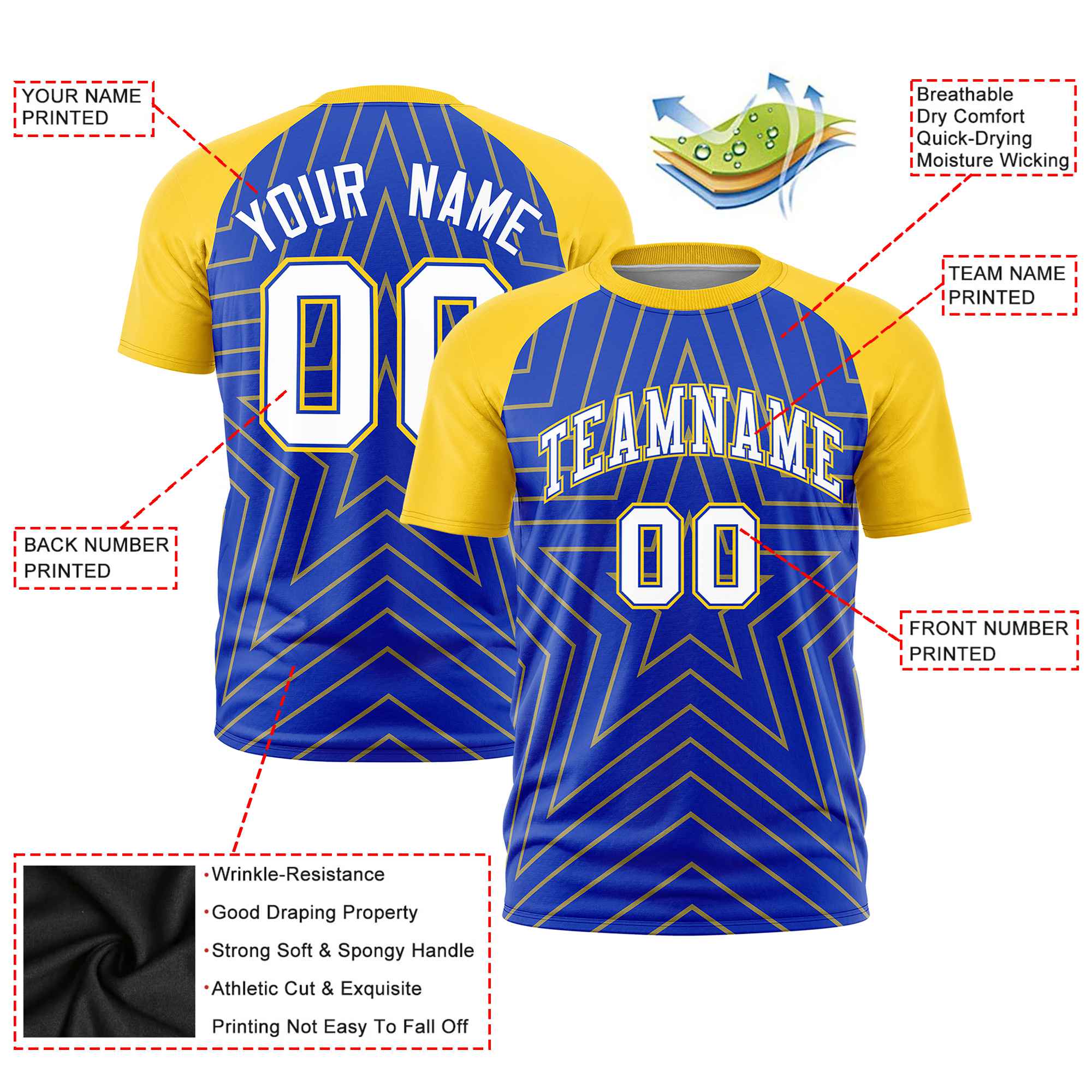 Custom Royal Blue Gold Personalized Star Pattern Raglan Sleeves Performance T-Shirt