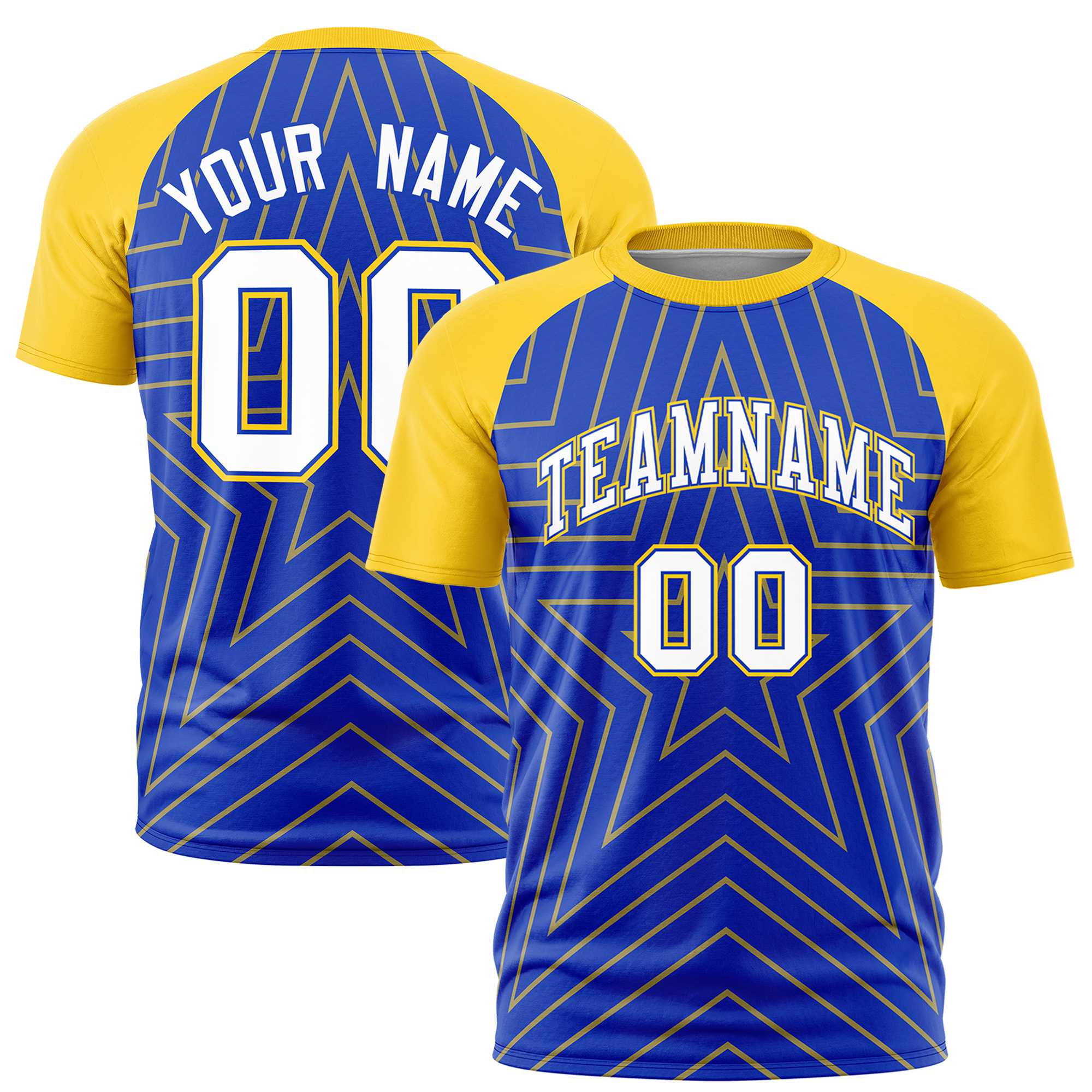 Custom Royal Blue Gold Personalized Star Pattern Raglan Sleeves Performance T-Shirt