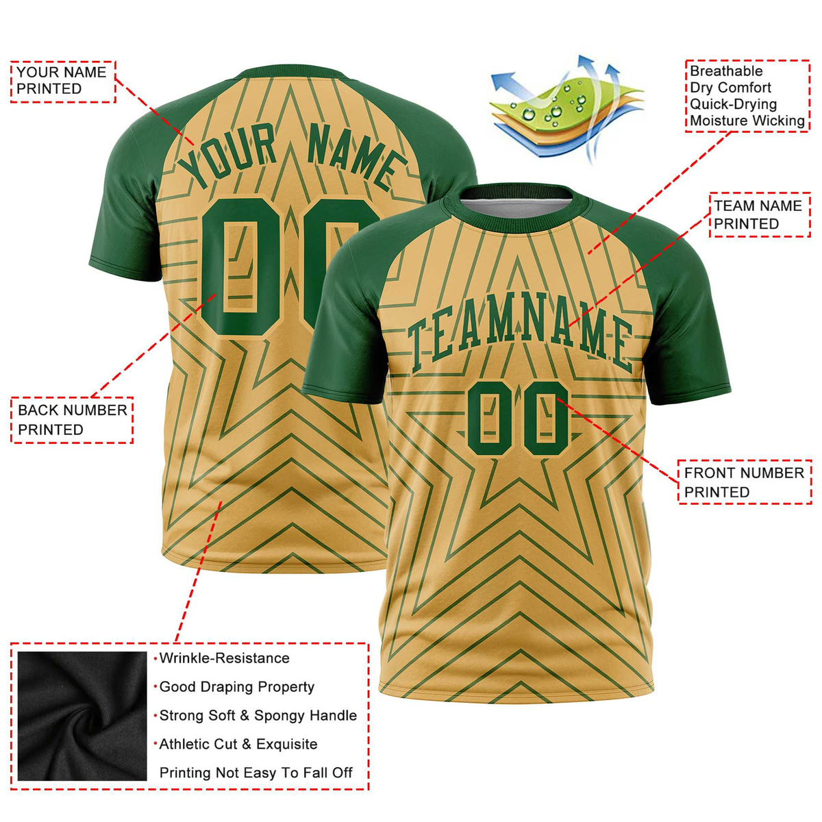 Custom Old Gold Green Personalized Star Pattern Raglan Sleeves Performance T-Shirt