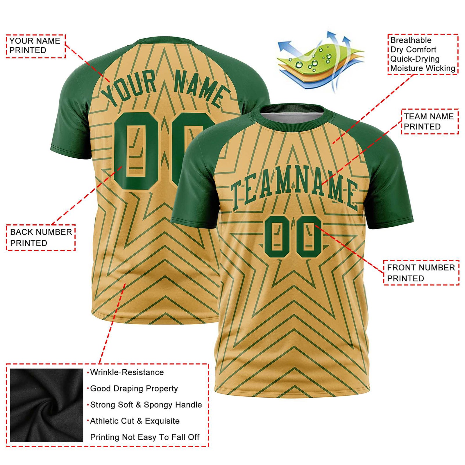 Custom Old Gold Green Personalized Star Pattern Raglan Sleeves Performance T-Shirt