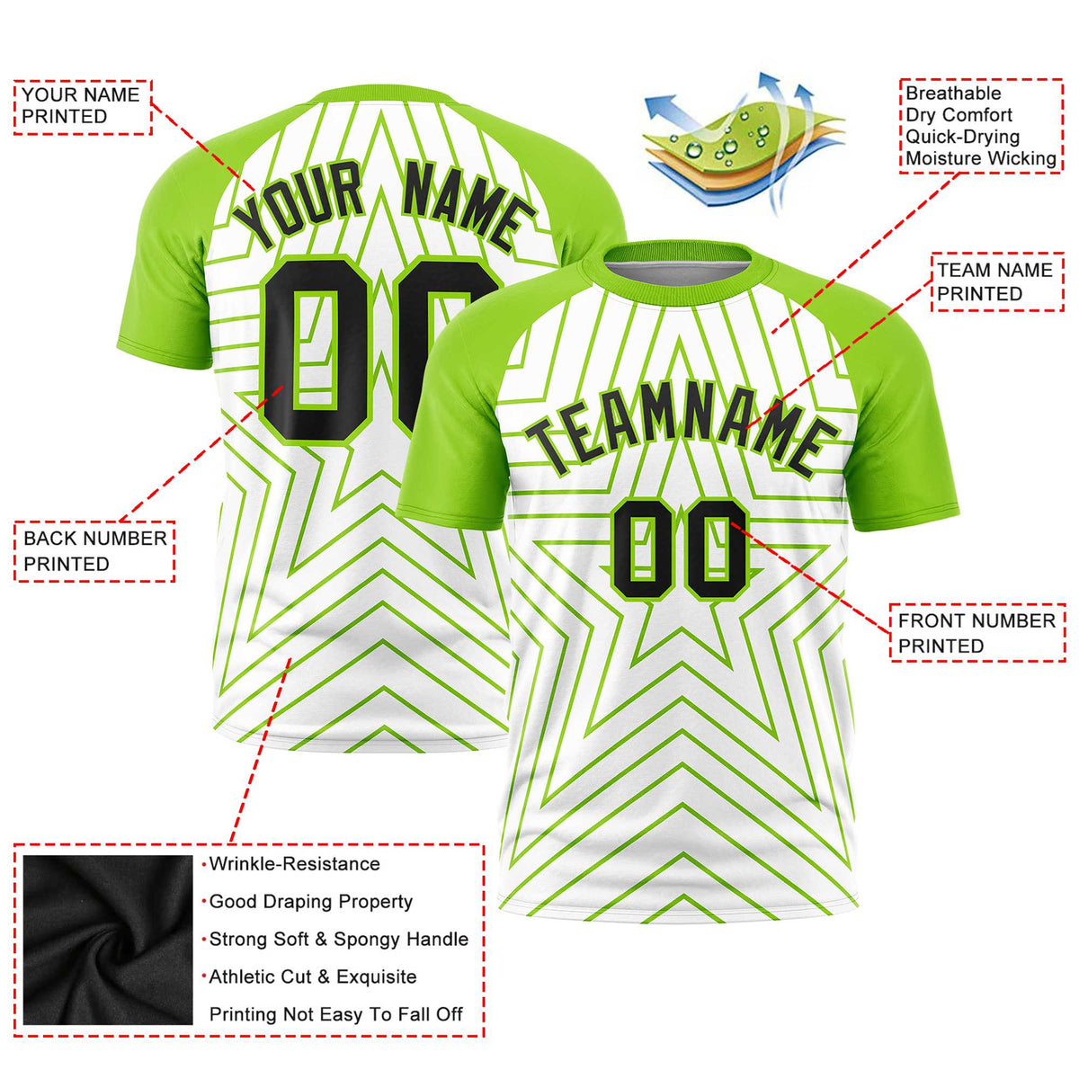 Custom White Neon Green Personalized Star Pattern Raglan Sleeves Performance T-Shirt