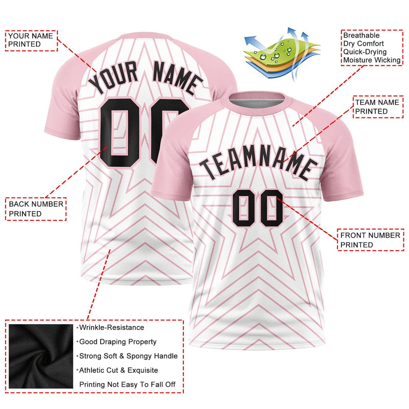 Custom White Light Pink Personalized Star Pattern Raglan Sleeves Performance T-Shirt