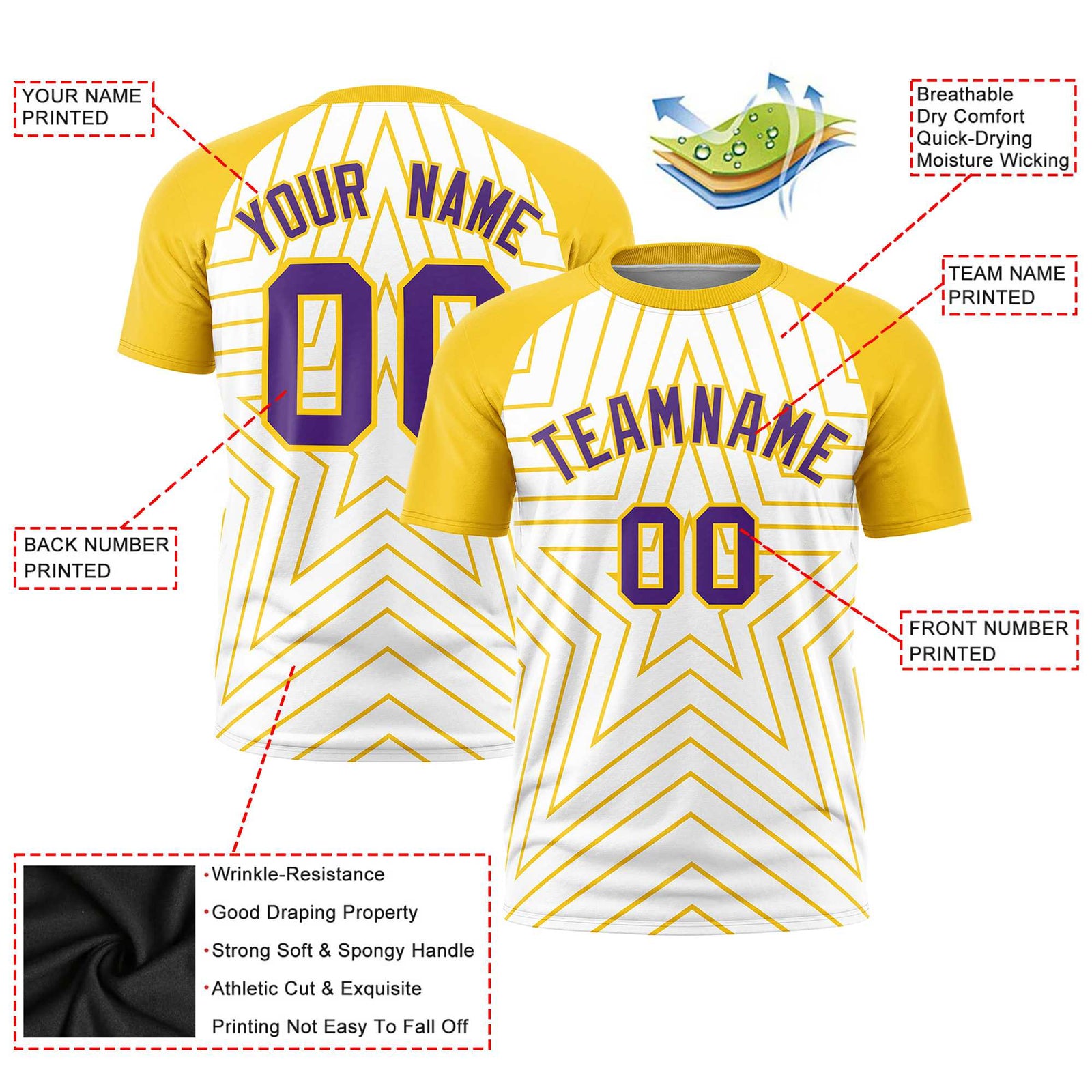 Custom White Gold Personalized Star Pattern Raglan Sleeves Performance T-Shirt