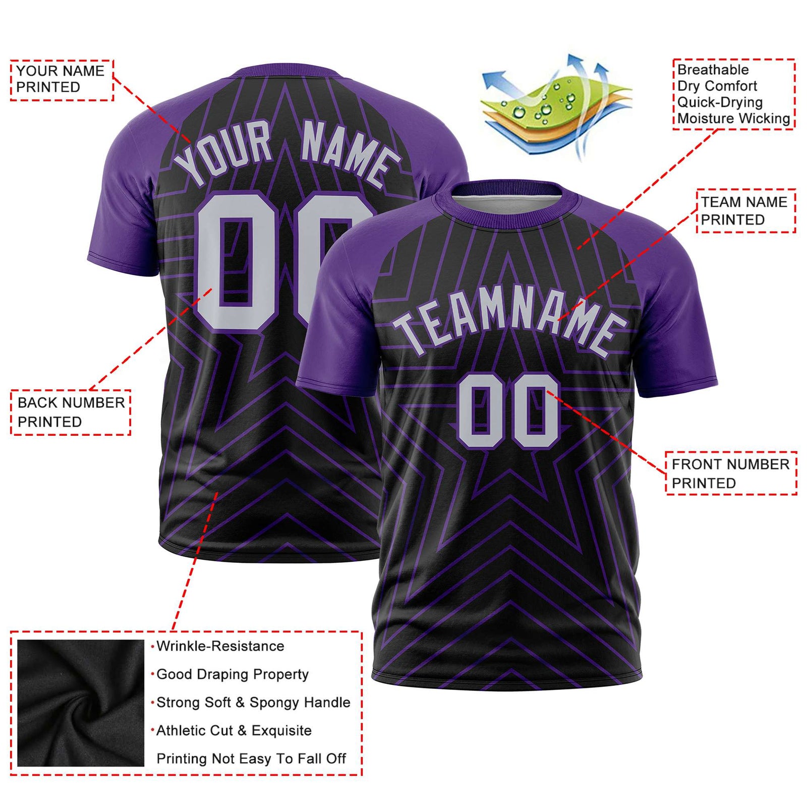 Custom Black Purple Personalized Star Pattern Raglan Sleeves Performance T-Shirt