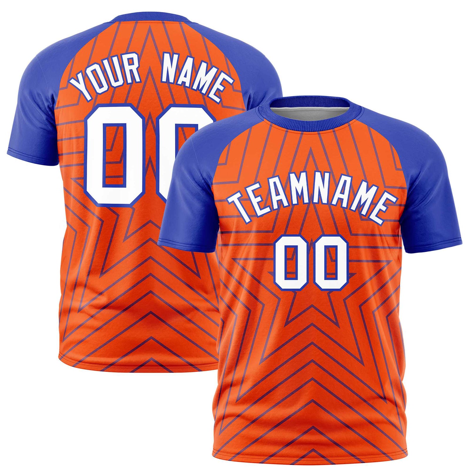 Custom Orange Royal Blue Personalized Star Pattern Raglan Sleeves Performance T-Shirt