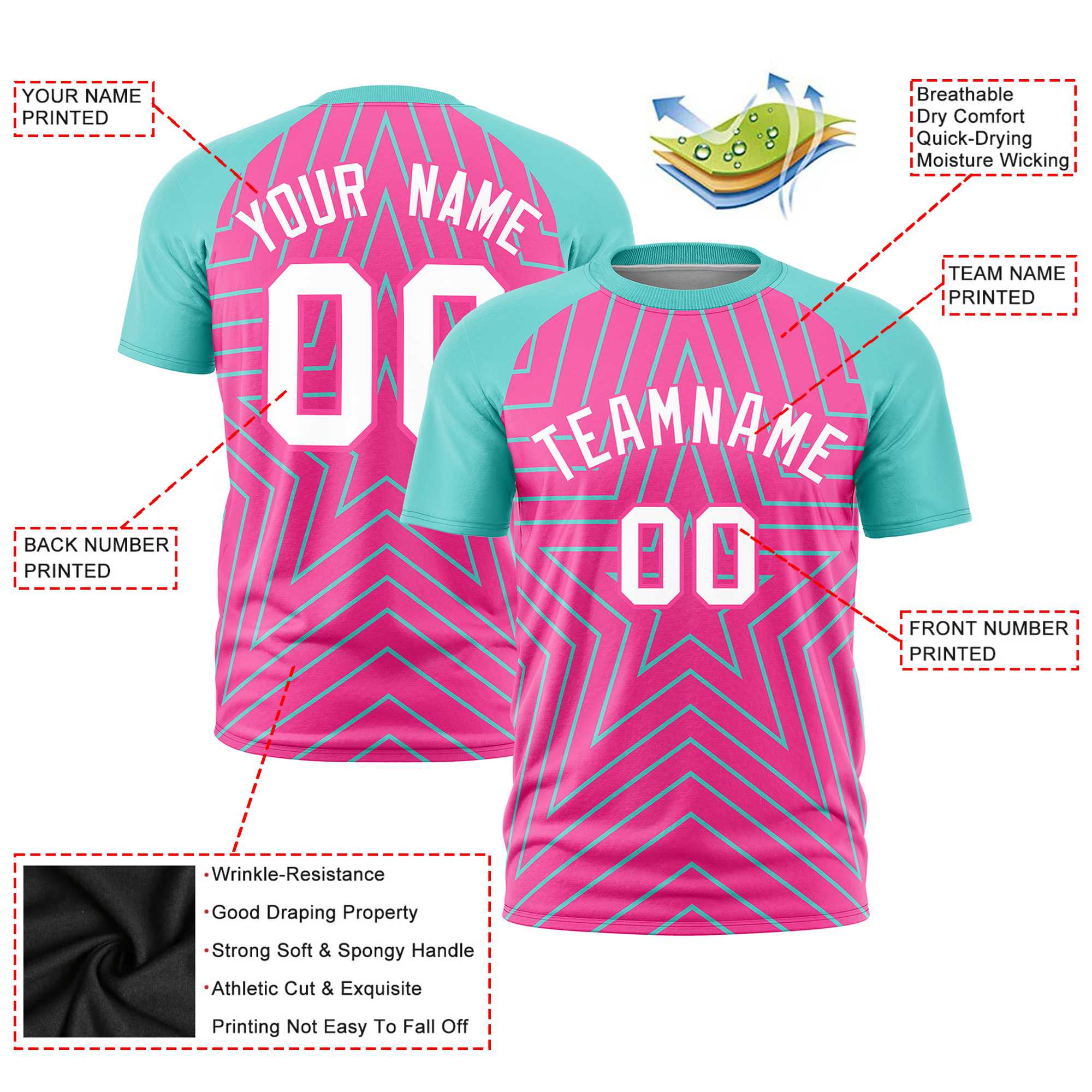 Custom Pink Bright Green Personalized Star Pattern Raglan Sleeves Performance T-Shirt