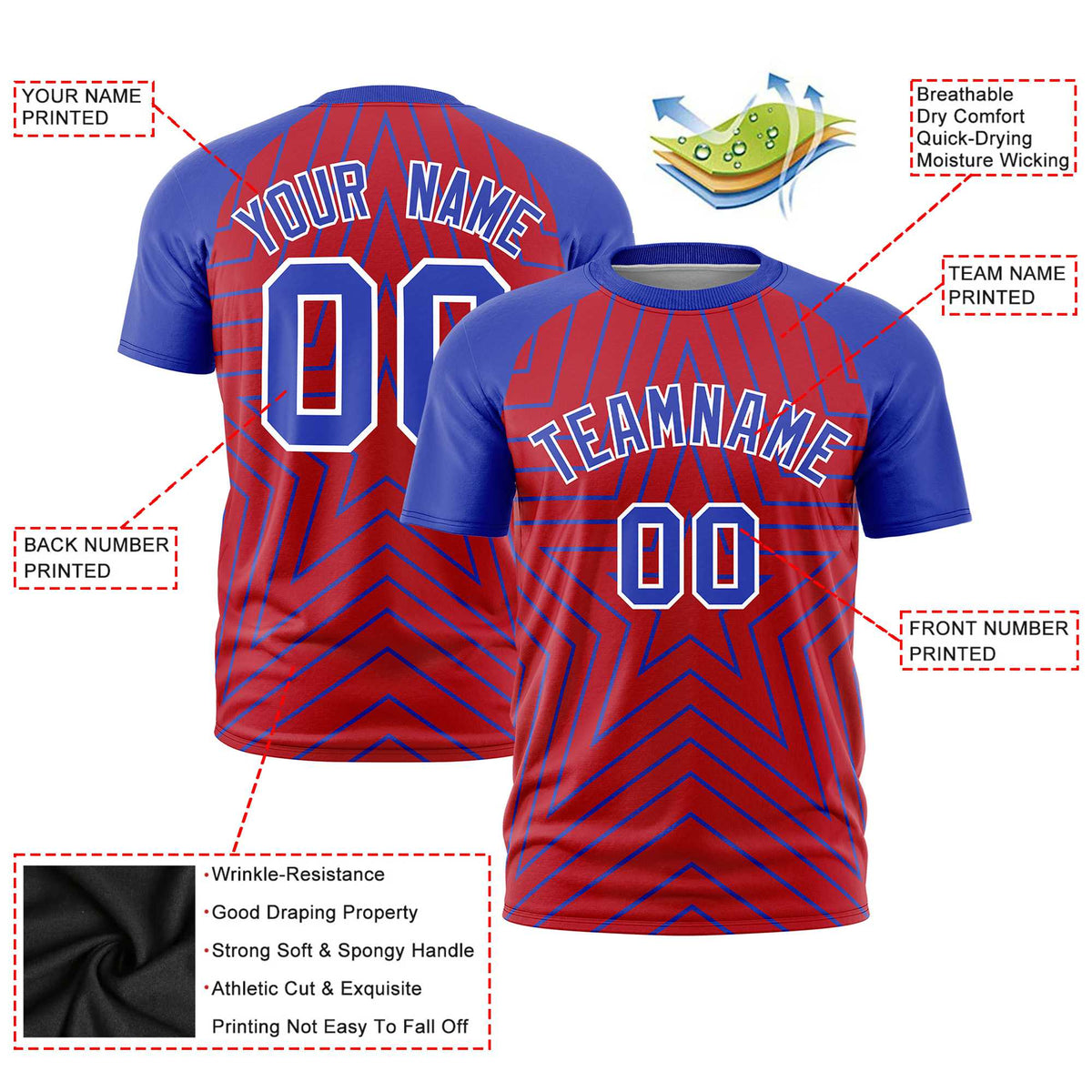 Custom Red Royal Blue Personalized Star Pattern Raglan Sleeves Performance T-Shirt