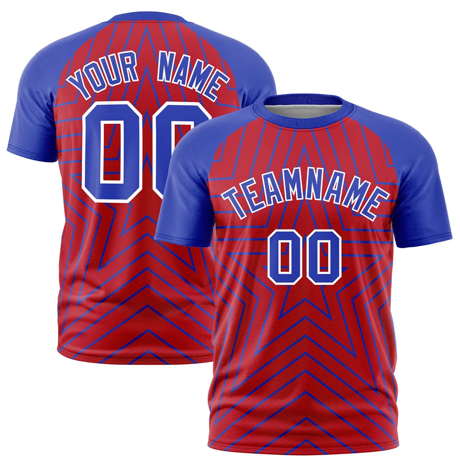 Custom Red Royal Blue Personalized Star Pattern Raglan Sleeves Performance T-Shirt