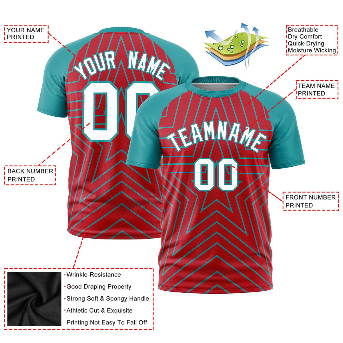 Custom Red Aqua Personalized Star Pattern Raglan Sleeves Performance T-Shirt