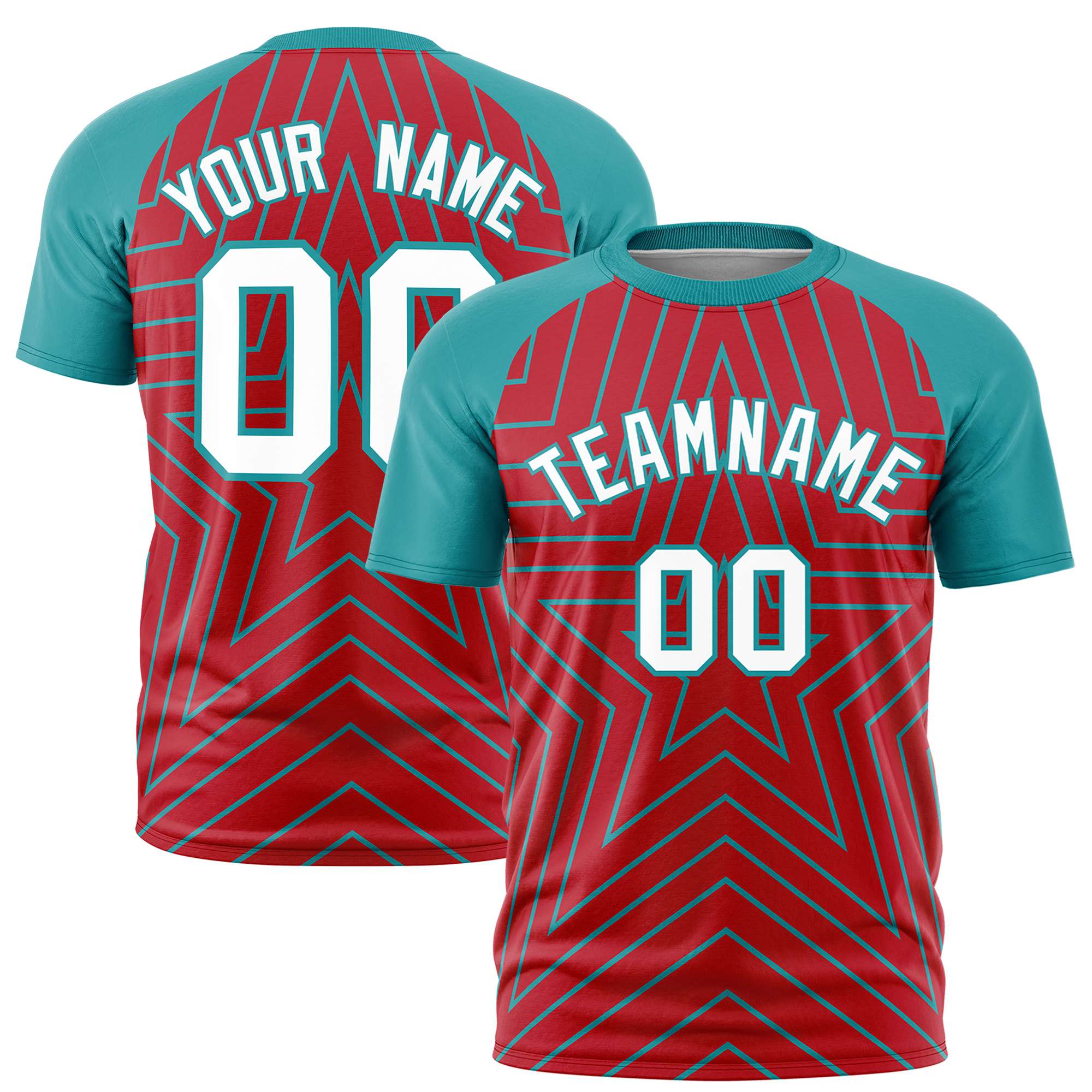 Custom Red Aqua Personalized Star Pattern Raglan Sleeves Performance T-Shirt