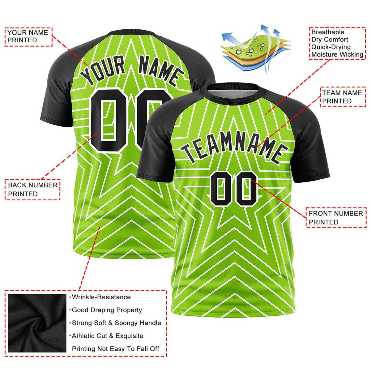Custom Neon Green Black Personalized Star Pattern Raglan Sleeves Performance T-Shirt