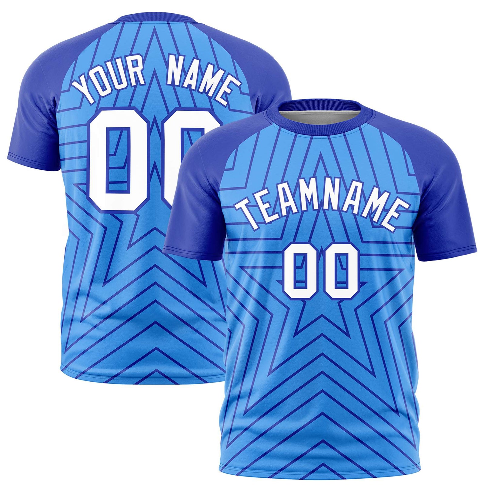 Custom Powder Blue Royal Blue Personalized Star Pattern Raglan Sleeves Performance T-Shirt