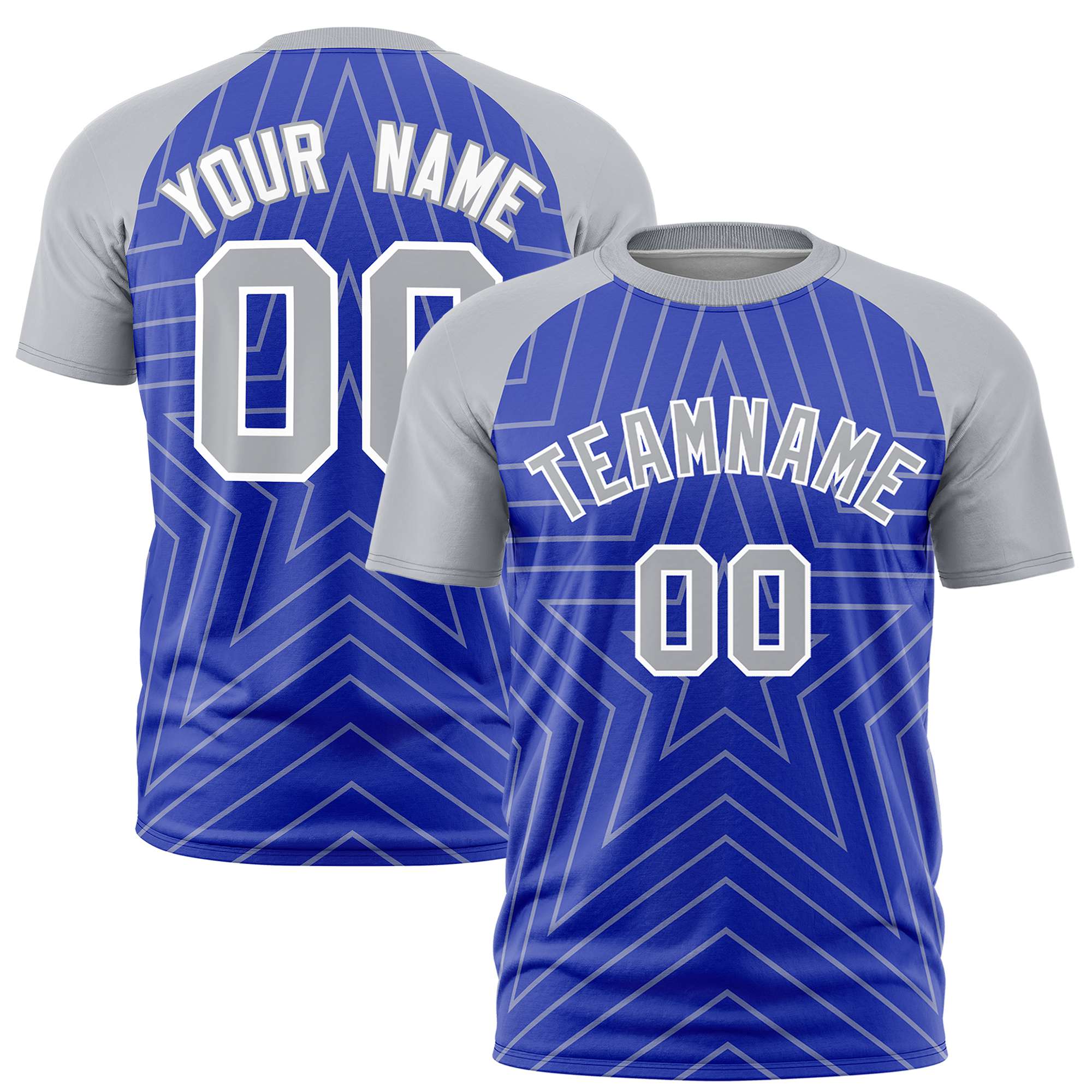 Custom Royal Blue Gray Personalized Star Pattern Raglan Sleeves Performance T-Shirt