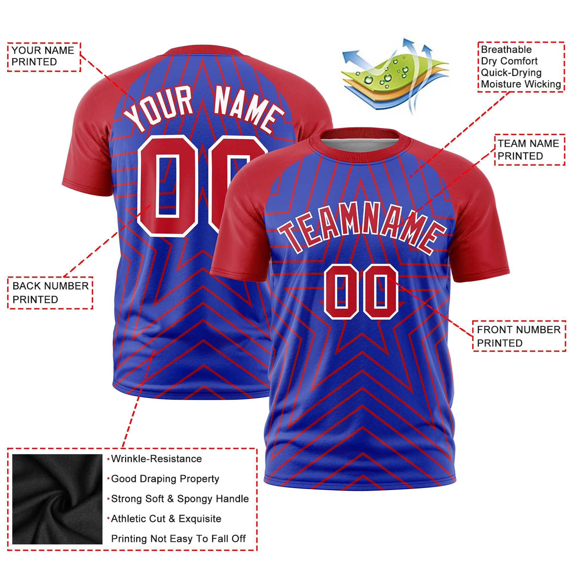 Custom Royal Blue Red Personalized Star Pattern Raglan Sleeves Performance T-Shirt