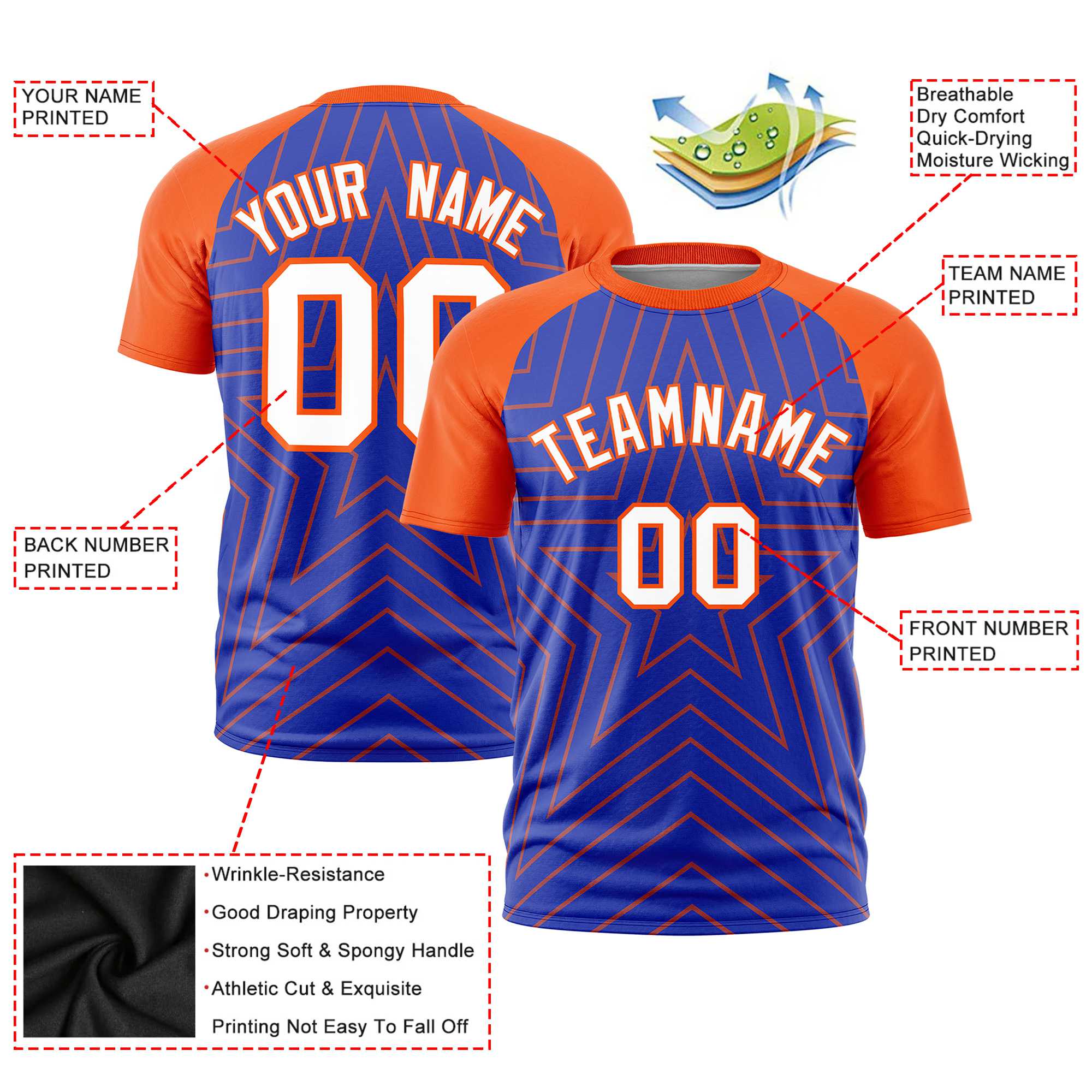 Custom Royal Blue Orange Personalized Star Pattern Raglan Sleeves Performance T-Shirt