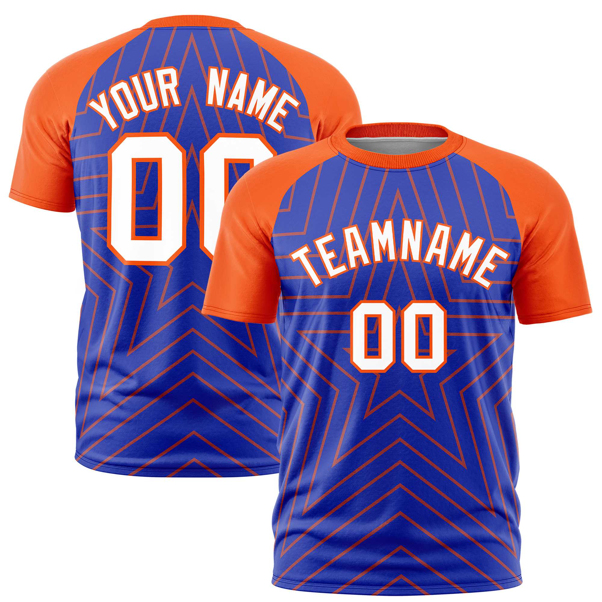 Custom Royal Blue Orange Personalized Star Pattern Raglan Sleeves Performance T-Shirt