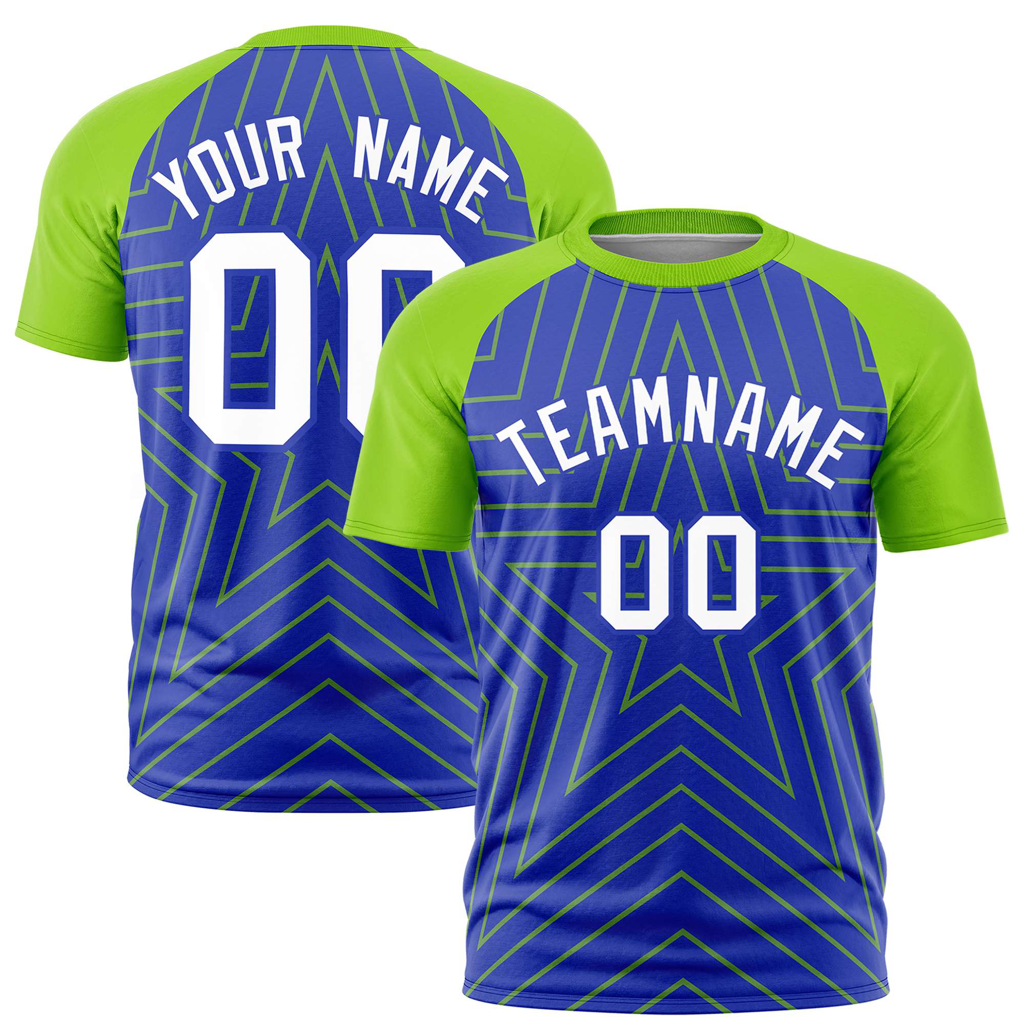 Custom Royal Blue Neon Green Personalized Star Pattern Raglan Sleeves Performance T-Shirt