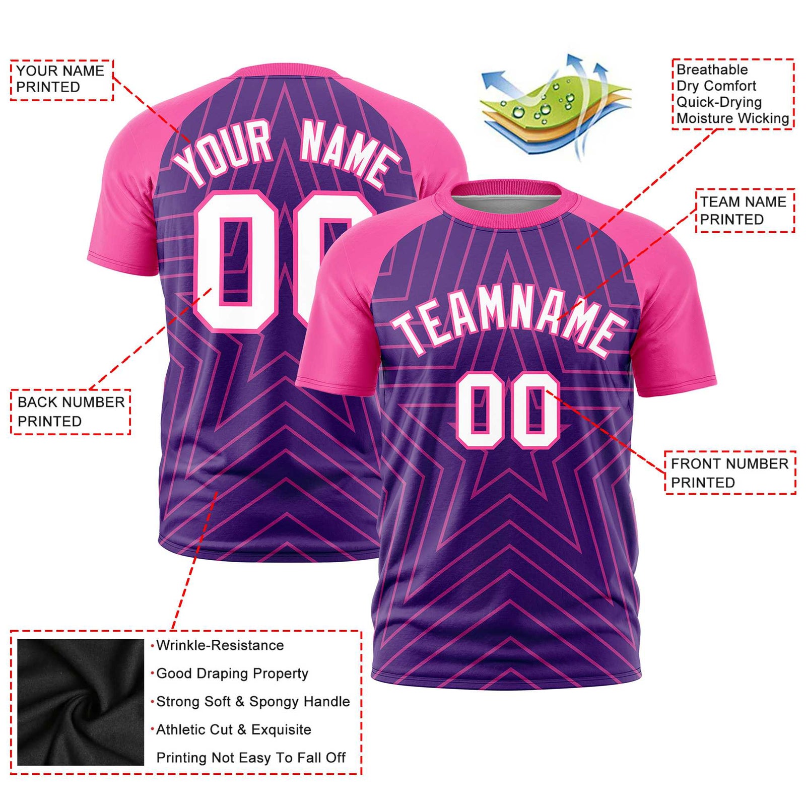 Custom Purple Pink Personalized Star Pattern Raglan Sleeves Performance T-Shirt