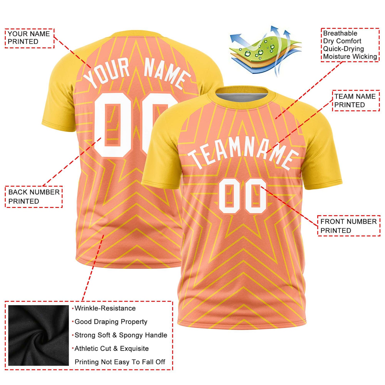 Custom Light Orange Gold Personalized Star Pattern Raglan Sleeves Performance T-Shirt