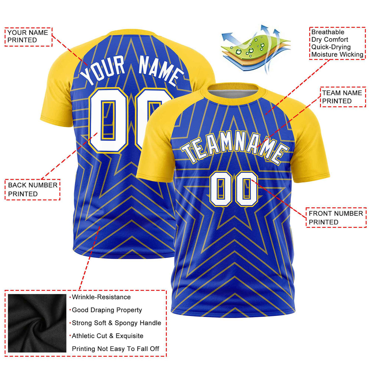Custom Royal Blue Gold Personalized Star Pattern Raglan Sleeves Performance T-Shirt