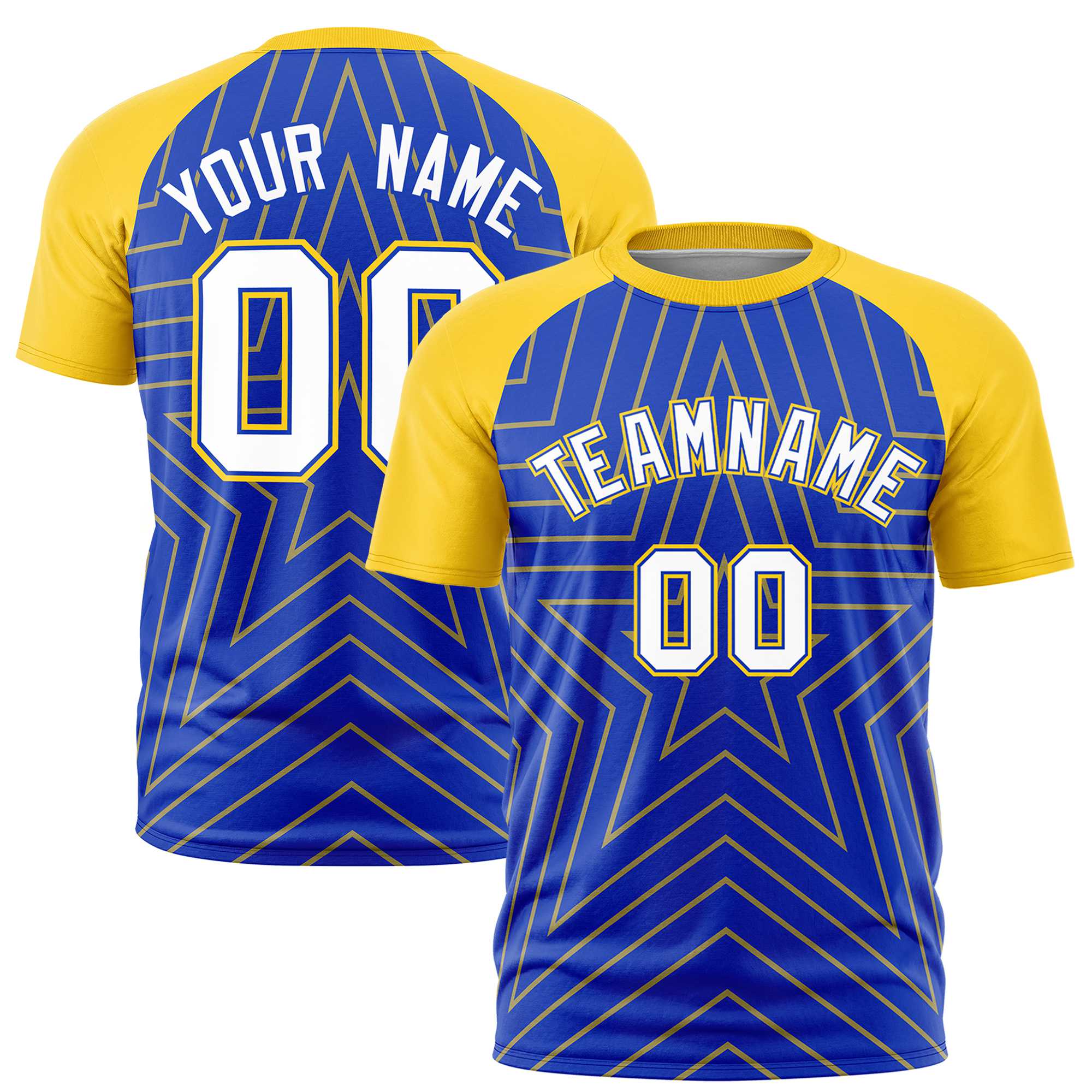 Custom Royal Blue Gold Personalized Star Pattern Raglan Sleeves Performance T-Shirt