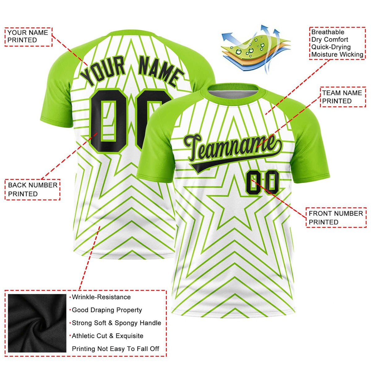 Custom White Neon Green Personalized Star Pattern Raglan Sleeves Performance T-Shirt