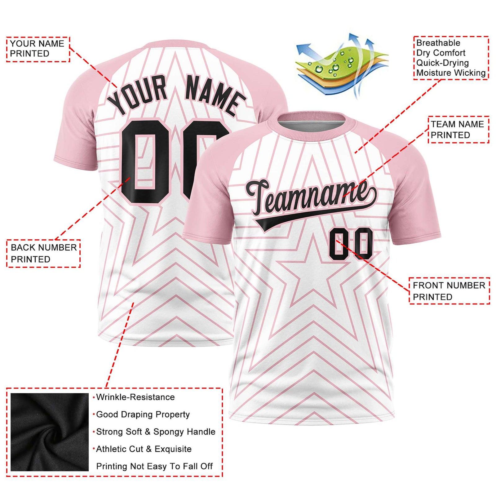 Custom White Light Pink Personalized Star Pattern Raglan Sleeves Performance T-Shirt