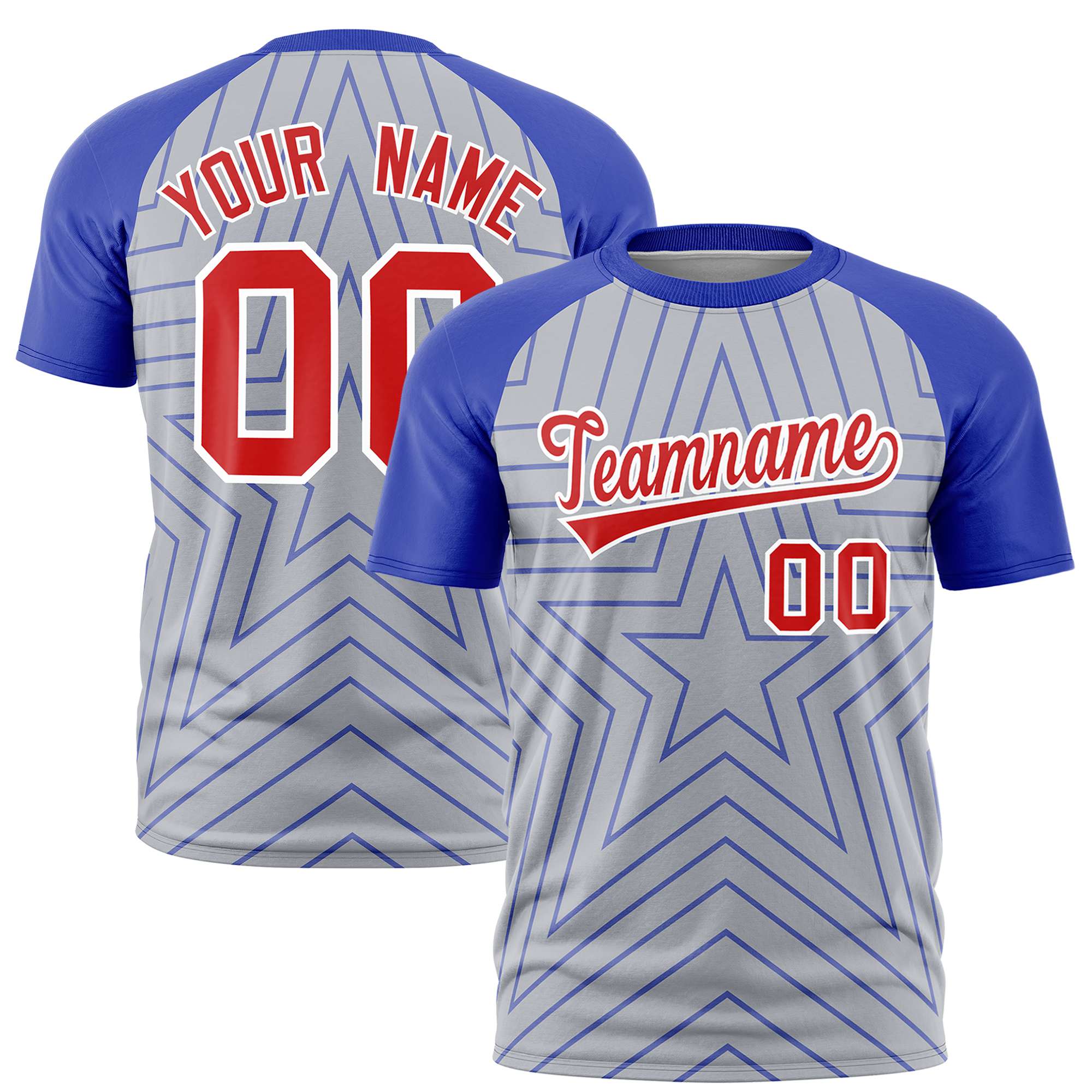 Custom Gray Royal Blue Personalized Star Pattern Raglan Sleeves Performance T-Shirt