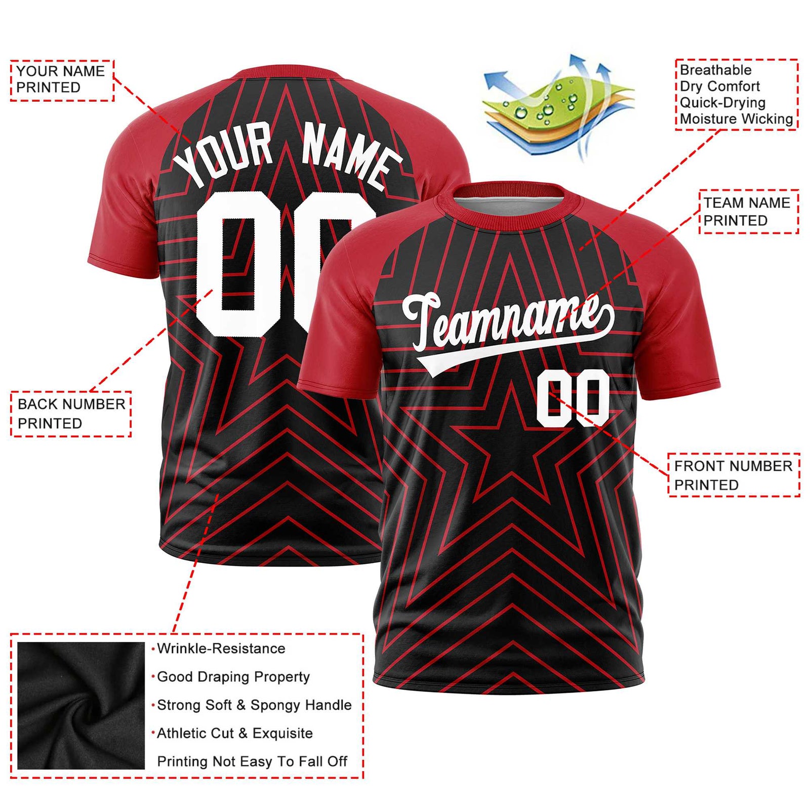 Custom Black Red Personalized Star Pattern Raglan Sleeves Performance T-Shirt