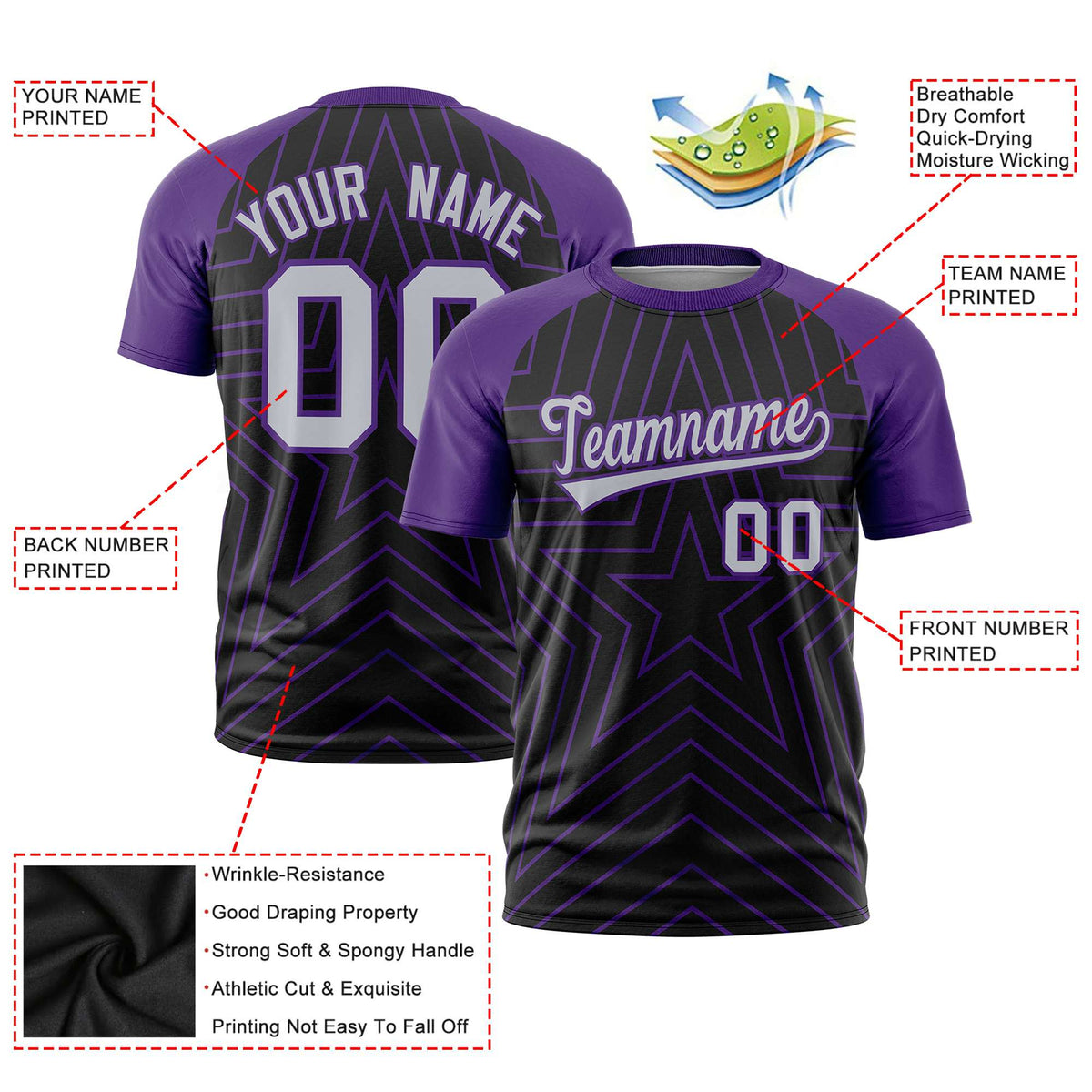 Custom Black Purple Personalized Star Pattern Raglan Sleeves Performance T-Shirt
