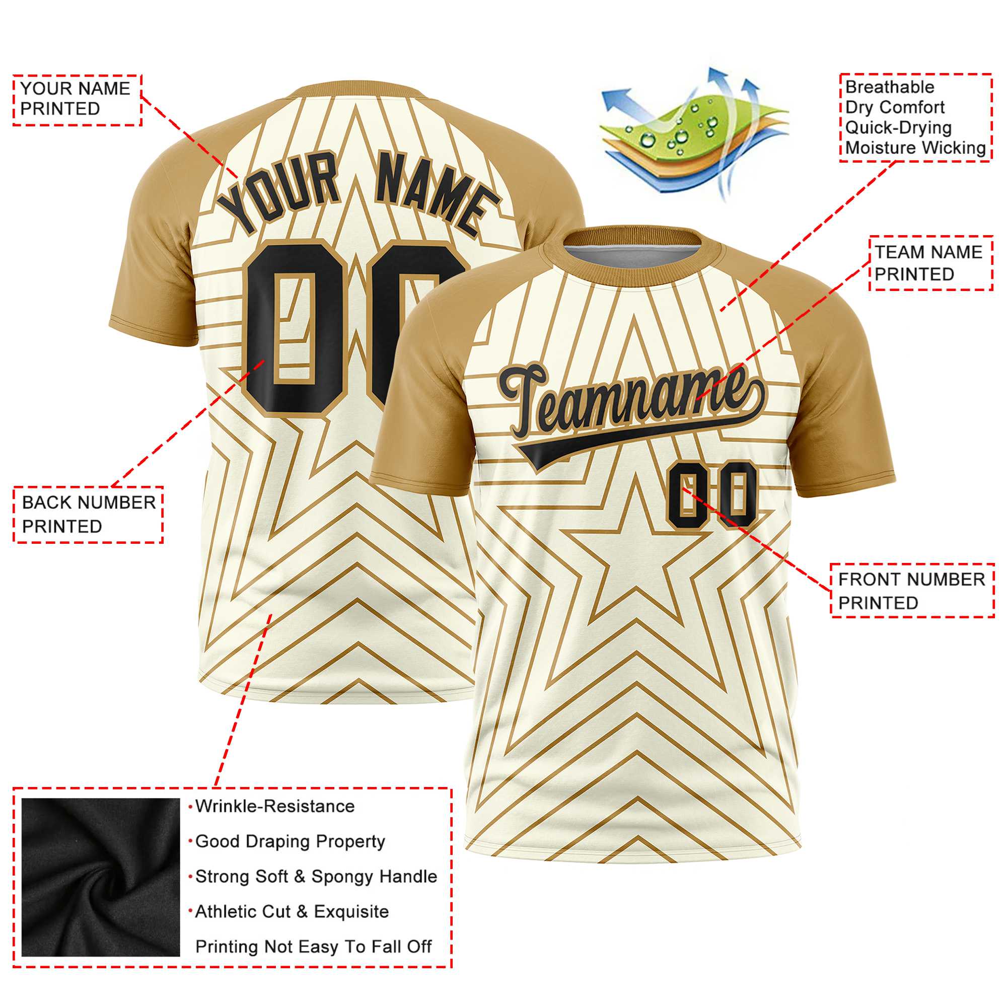 Custom Khaki Old Gold Personalized Star Pattern Raglan Sleeves Performance T-Shirt