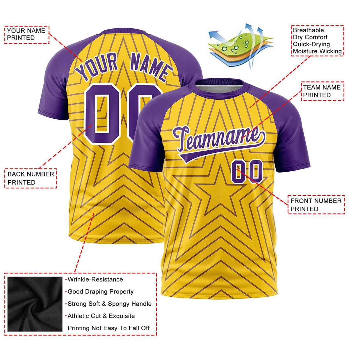 Custom Gold Purple Personalized Star Pattern Raglan Sleeves Performance T-Shirt