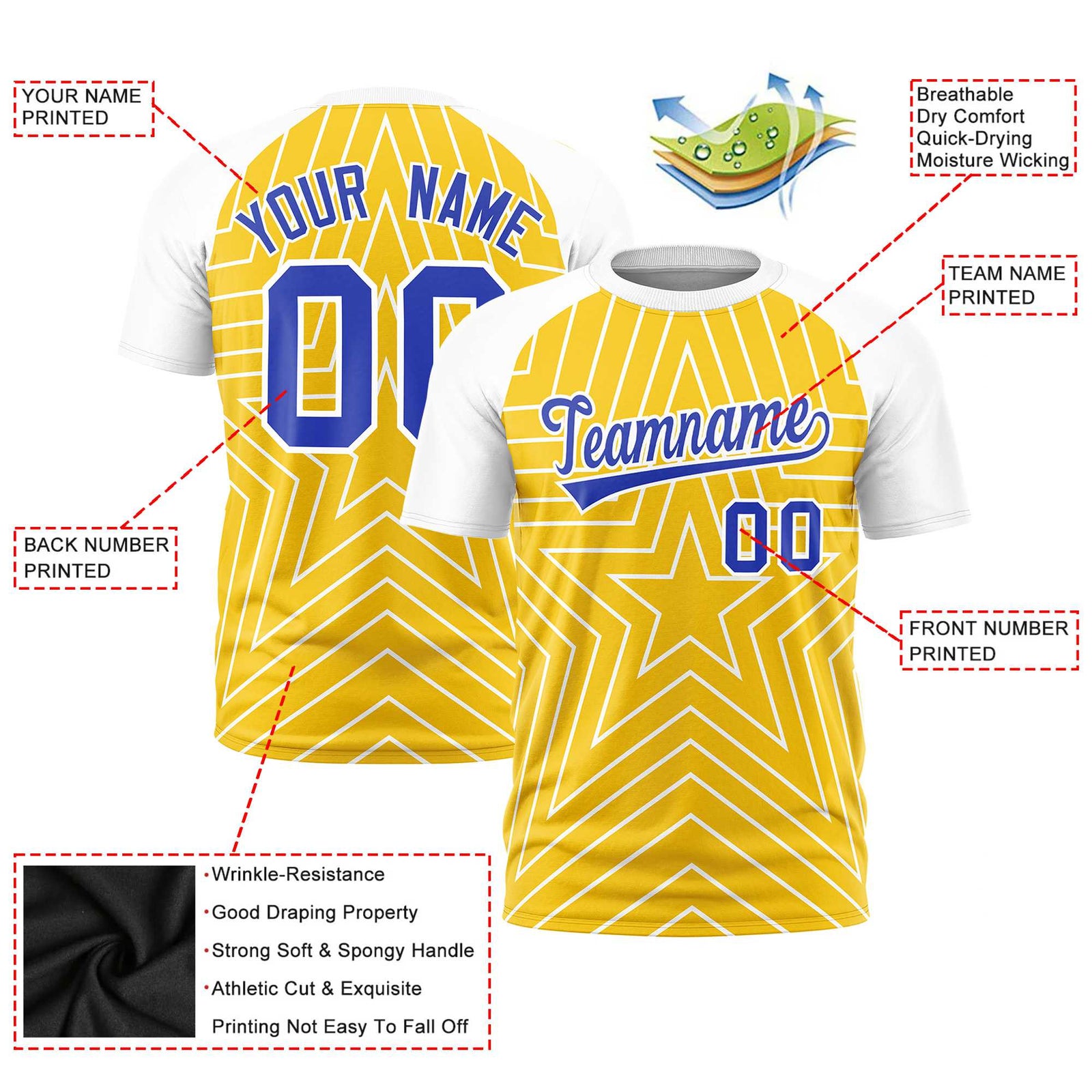 Custom Gold White Personalized Star Pattern Raglan Sleeves Performance T-Shirt