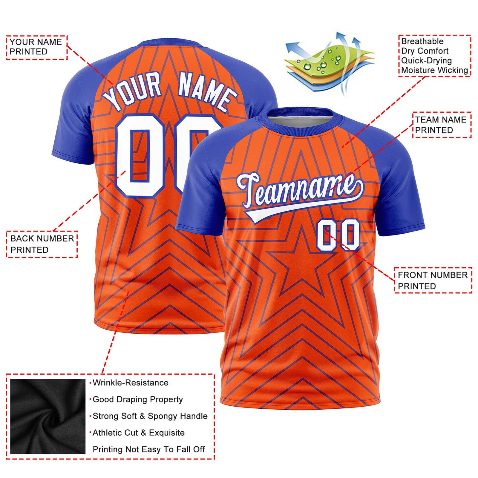 Custom Orange Royal Blue Personalized Star Pattern Raglan Sleeves Performance T-Shirt