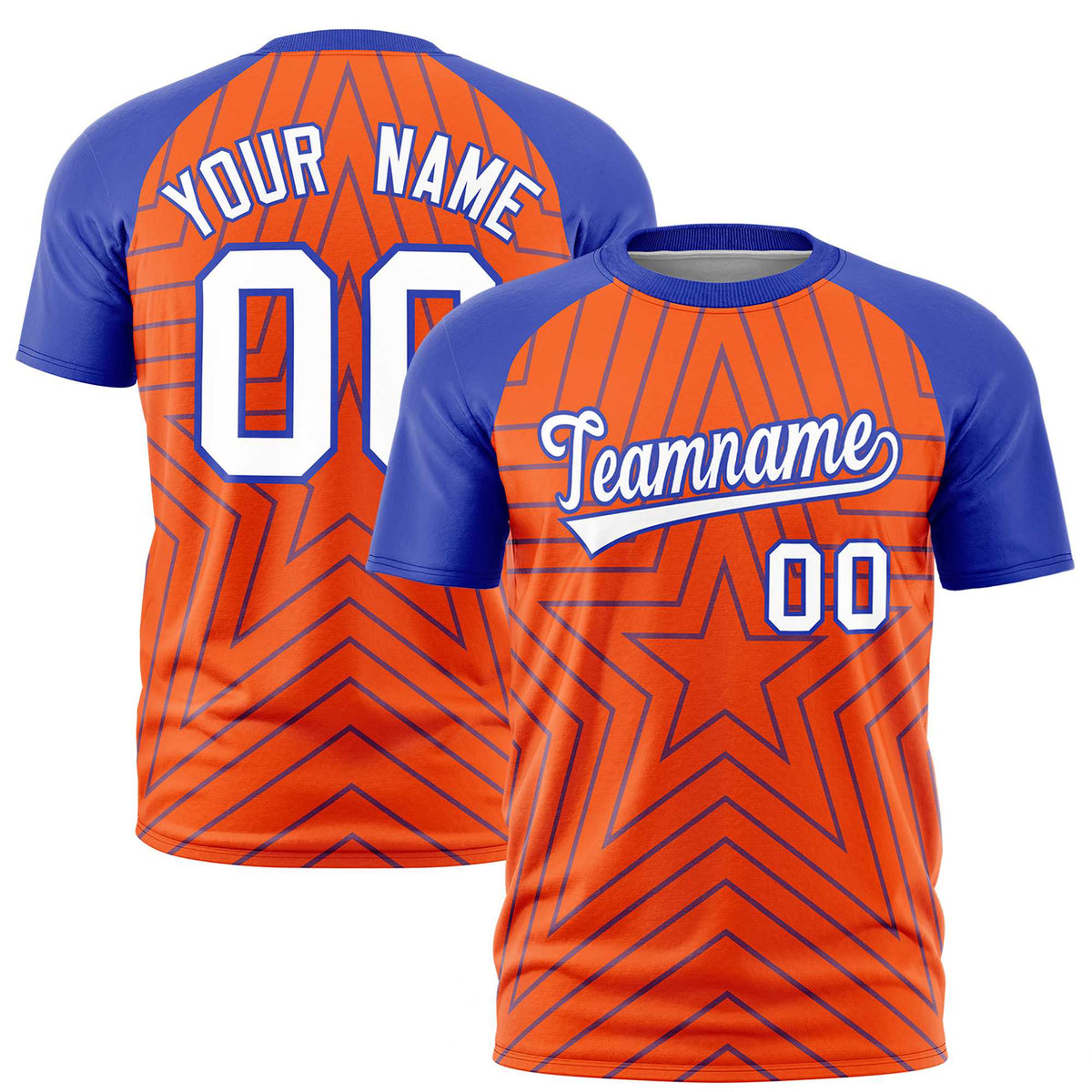 Custom Orange Royal Blue Personalized Star Pattern Raglan Sleeves Performance T-Shirt