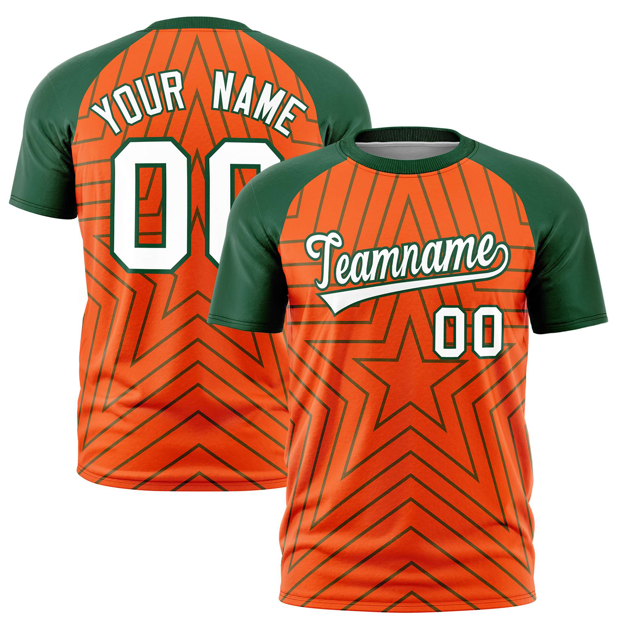 Custom Orange Green Personalized Star Pattern Raglan Sleeves Performance T-Shirt