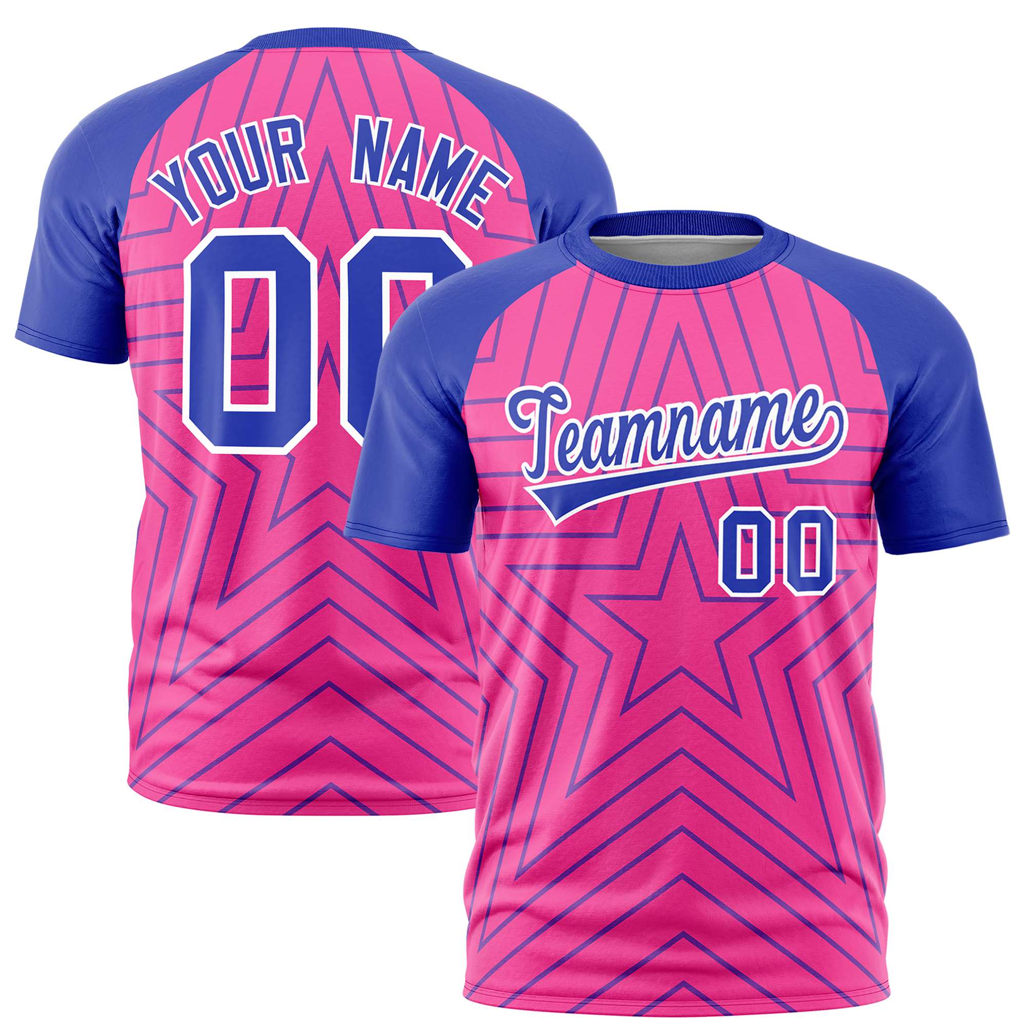 Custom Pink Royal Blue Personalized Star Pattern Raglan Sleeves Performance T-Shirt