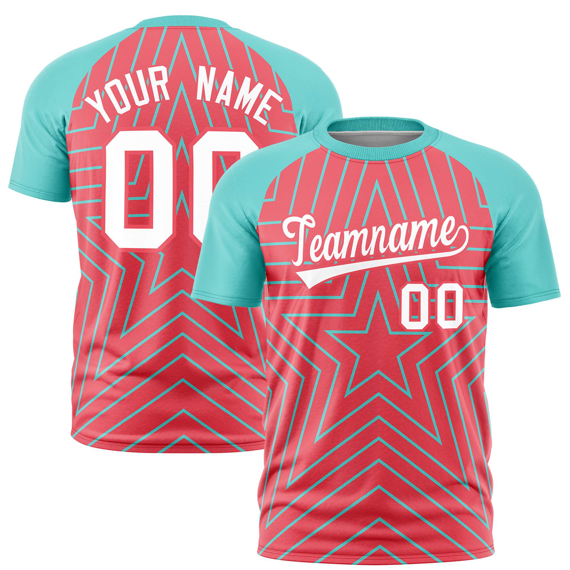 Custom Light Red Bright Green Personalized Star Pattern Raglan Sleeves Performance T-Shirt