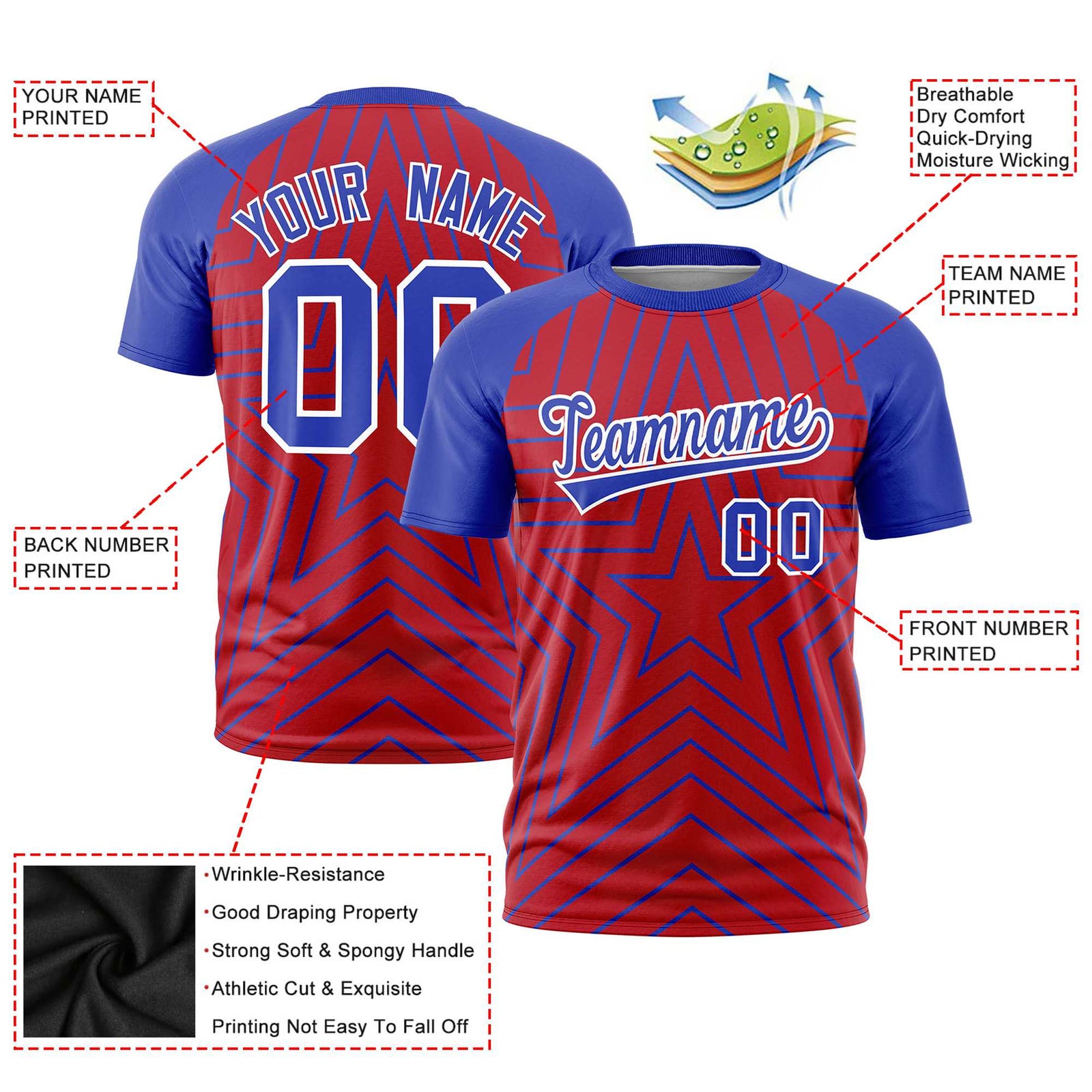 Custom Red Royal Blue Personalized Star Pattern Raglan Sleeves Performance T-Shirt