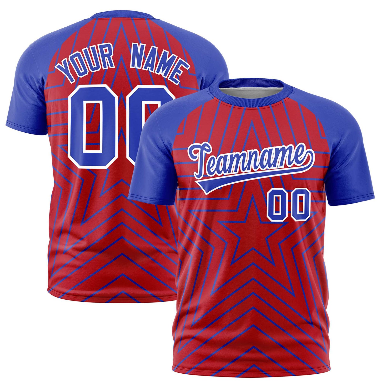 Custom Red Royal Blue Personalized Star Pattern Raglan Sleeves Performance T-Shirt