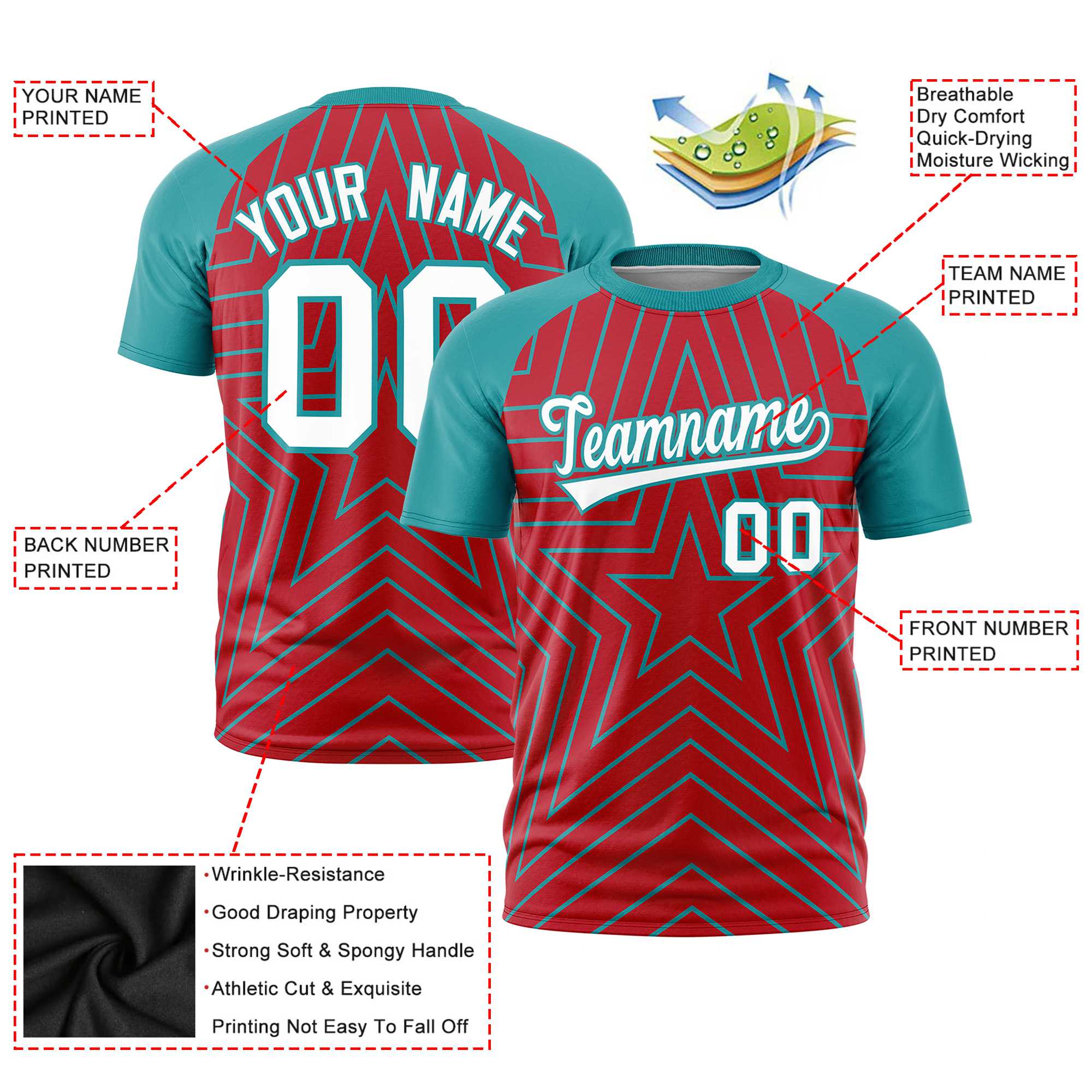 Custom Red Aqua Personalized Star Pattern Raglan Sleeves Performance T-Shirt