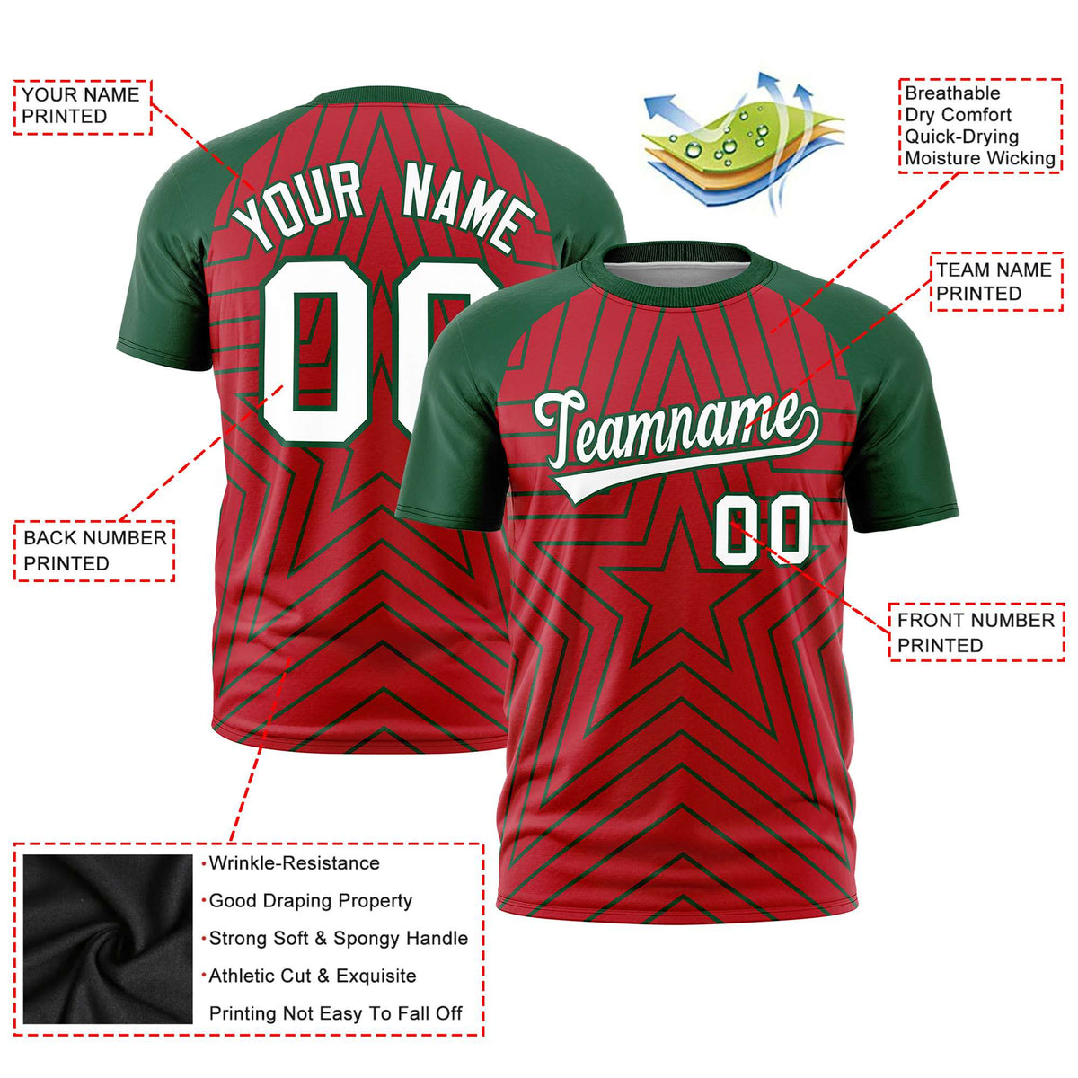 Custom Red Green Personalized Star Pattern Raglan Sleeves Performance T-Shirt