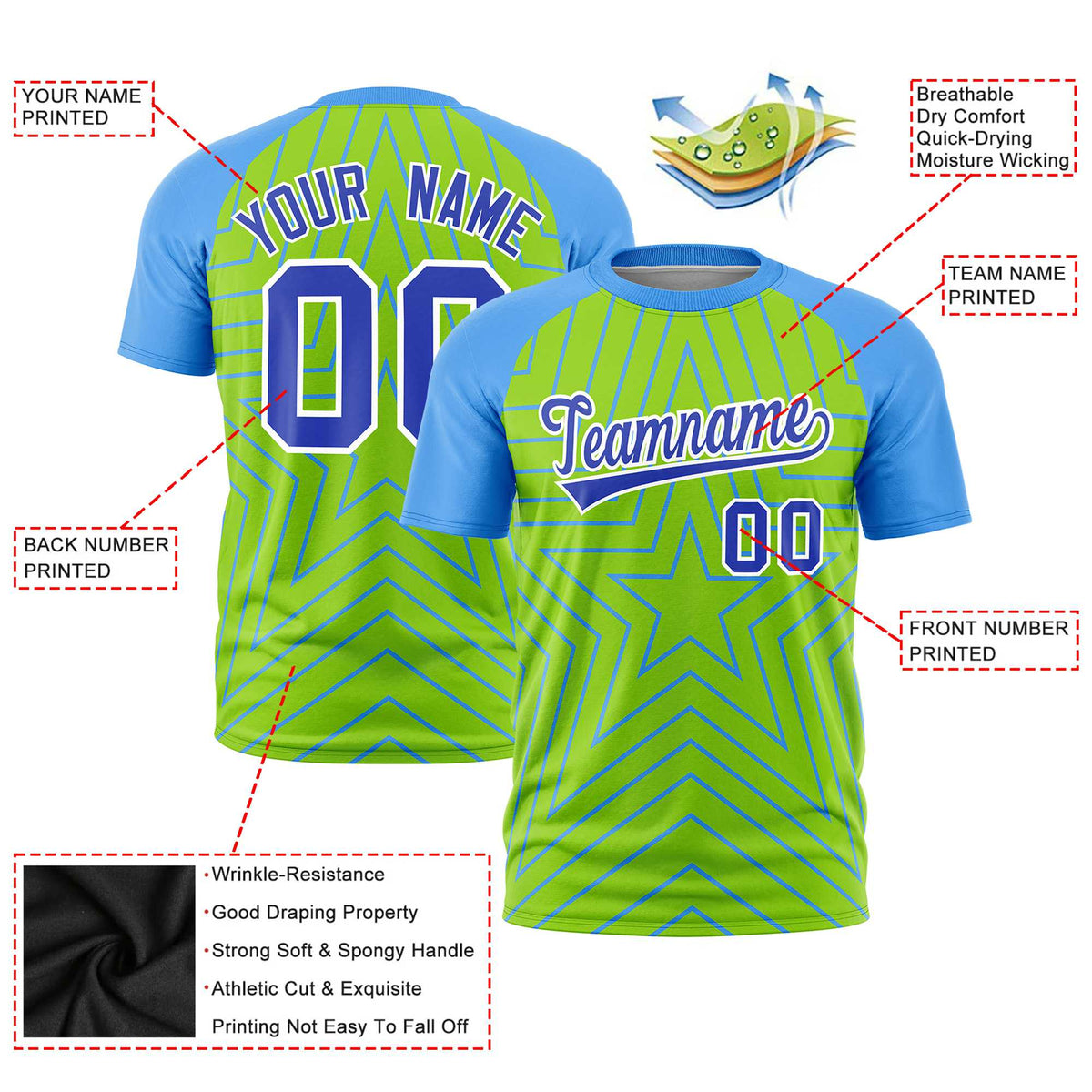 Custom Neon Green Powder Blue Personalized Star Pattern Raglan Sleeves Performance T-Shirt