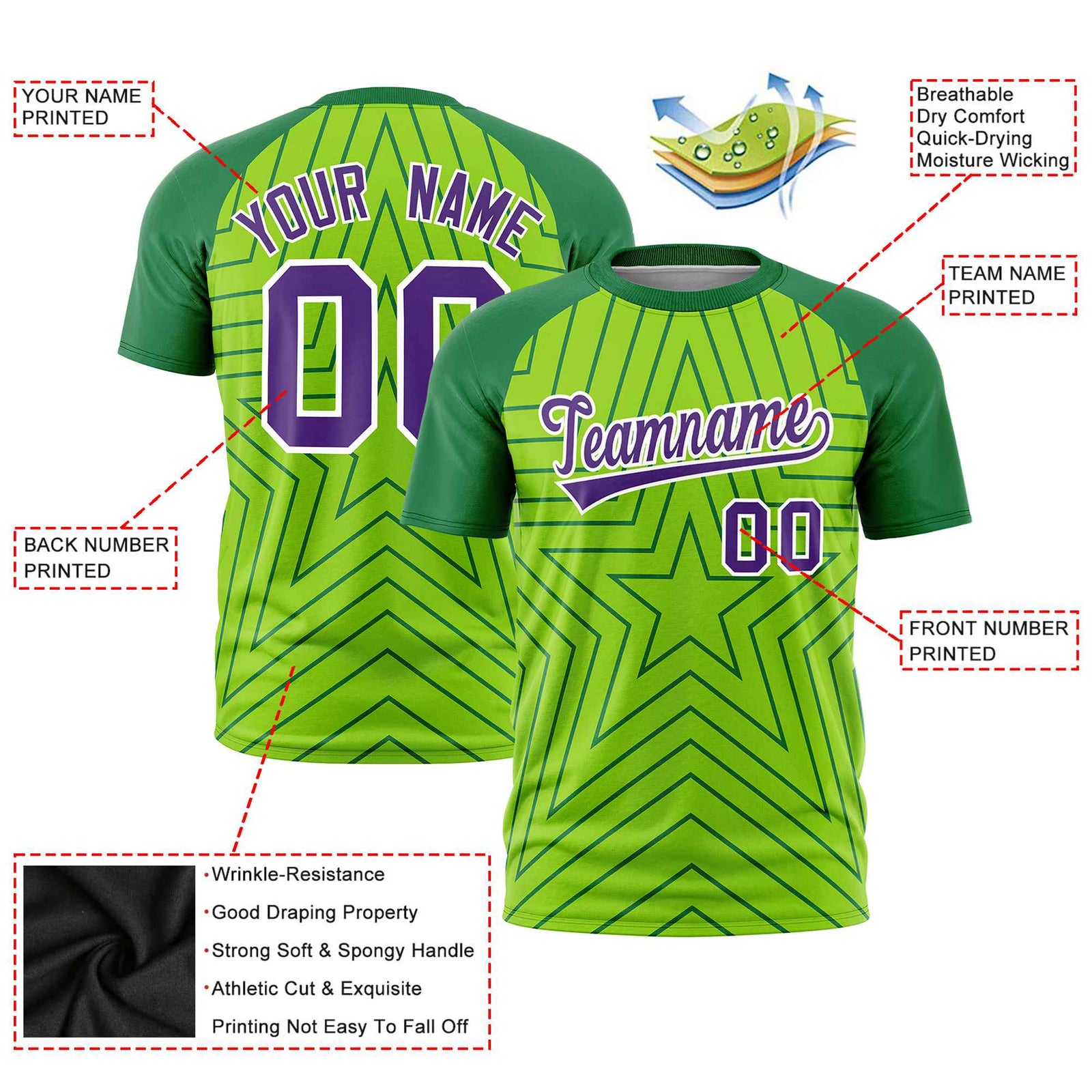 Custom Neon Green Kelly Green Personalized Star Pattern Raglan Sleeves Performance T-Shirt